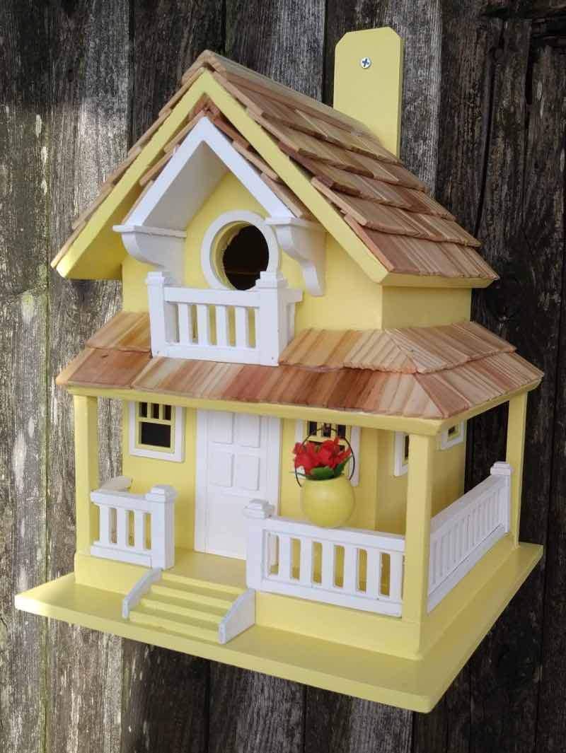 Yellow Veranda Bird House - Handcrafted Wooden Birdhouse for Outdoor Garden Decoration - Attract Wild Birds to Your Backyard or Patio