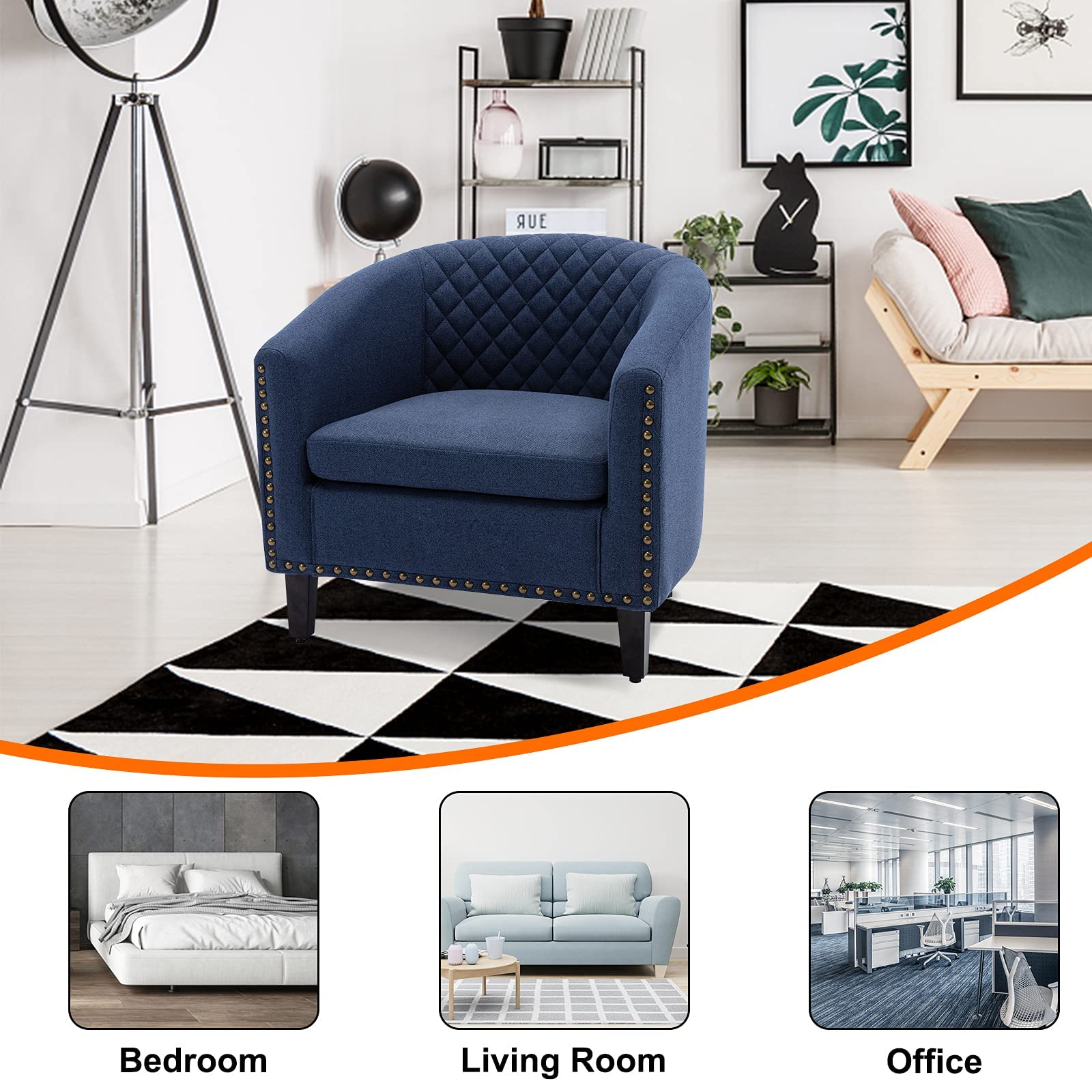 Modern Mid-Century Accent Barrel Chair with Nailhead Trim & Solid Wood Legs - Navy Linen Fabric Armchair for Living Room, Bedroom, Office - Comfortable Lounge Chair for Relaxing, Reading & Entertaining