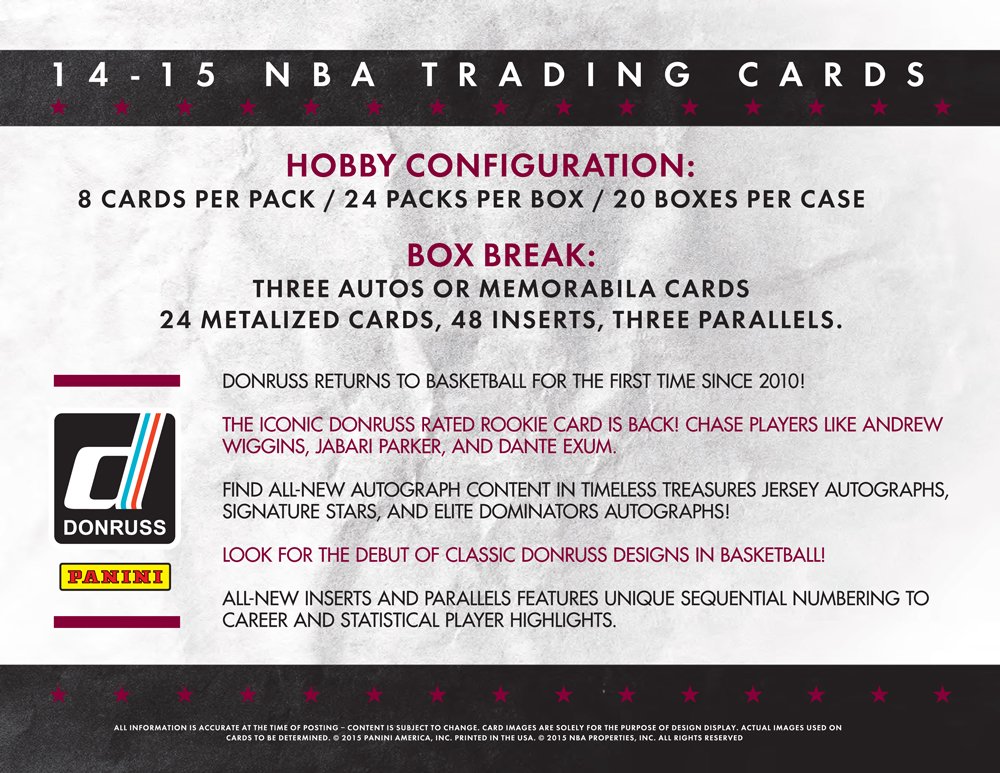 2014-15 Panini Donruss Basketball Hobby Box - 24 Packs with Autograph & Memorabilia Cards - Perfect for NBA Collectors & Card Investors - Great for Trading, Displaying, and Building Your Basketball Card Collection