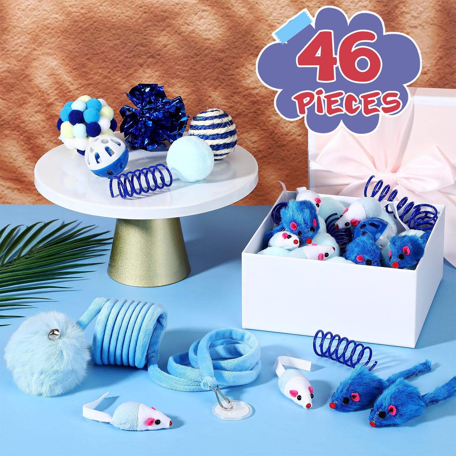 46 Pcs Cat Toys Set - Interactive Cute Cat Toys with Fur Mice, Rattle Springs, Crinkle Balls, Pompom Bell & Sisal Ball Puzzle Chase Toys for Kittens - Indoor Play & Gift Ideas (Blue) | Perfect for Boredom Relief, Exercise & Bonding with Your Feline Friend