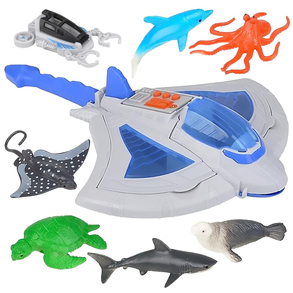 ArtCreativity Sting Ray Transporter Set with Sounds - 1 Stingray Toy & 7 Sea Creatures, Interactive Ocean Animal Toys for Kids, Underwater Party Supplies | Perfect for Birthday Gifts, Pool Playtime & Marine Education
