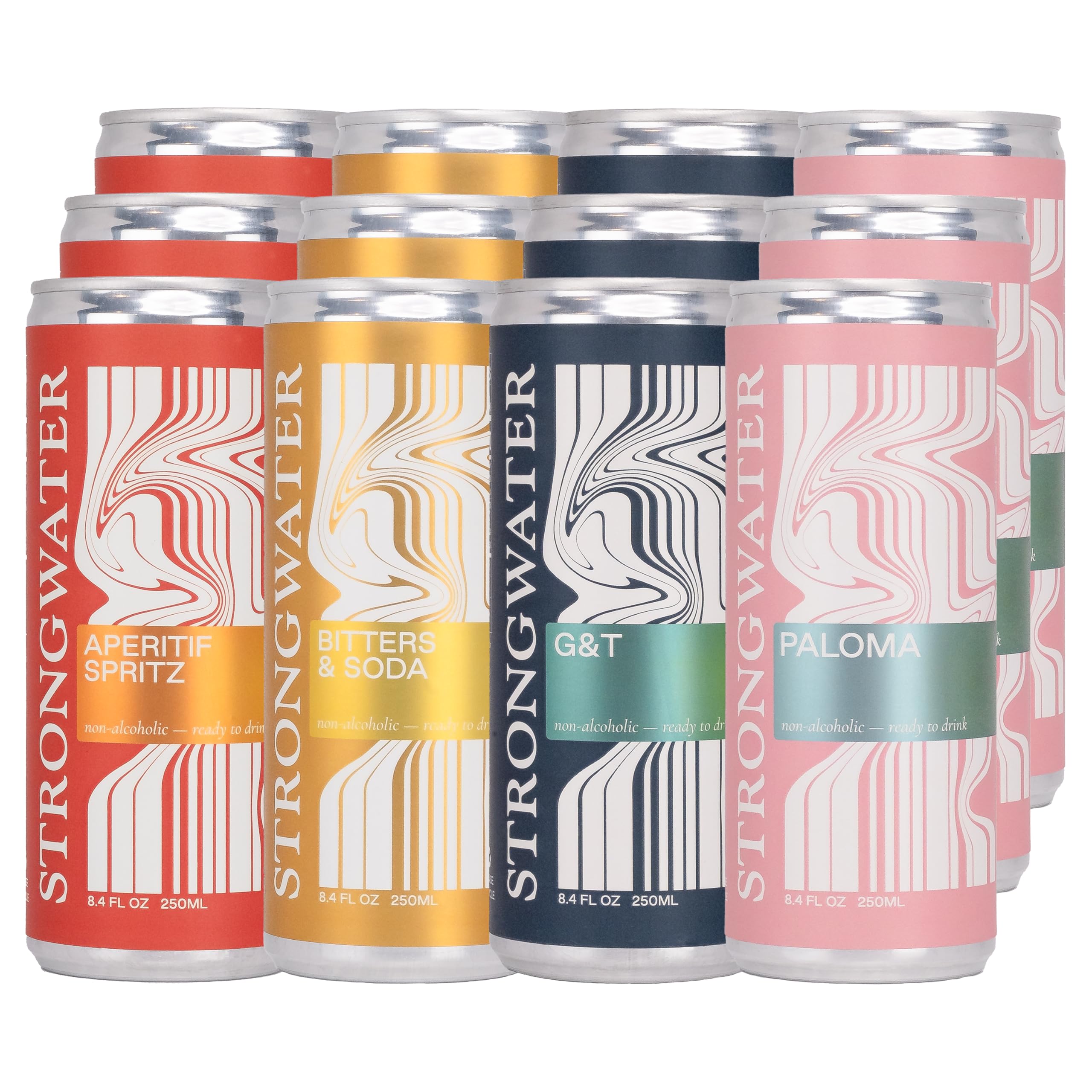 Premium Strongwater Mocktail Variety Pack - 12 Pack Cans (8.4 Fl Oz Each) - Non-Alcoholic Ready-to-Drink Beverages - Aperitif Spritz, Paloma, G&T, Bitters & Soda - Perfect for Parties, Weddings, Baby Showers & Sober Celebrations