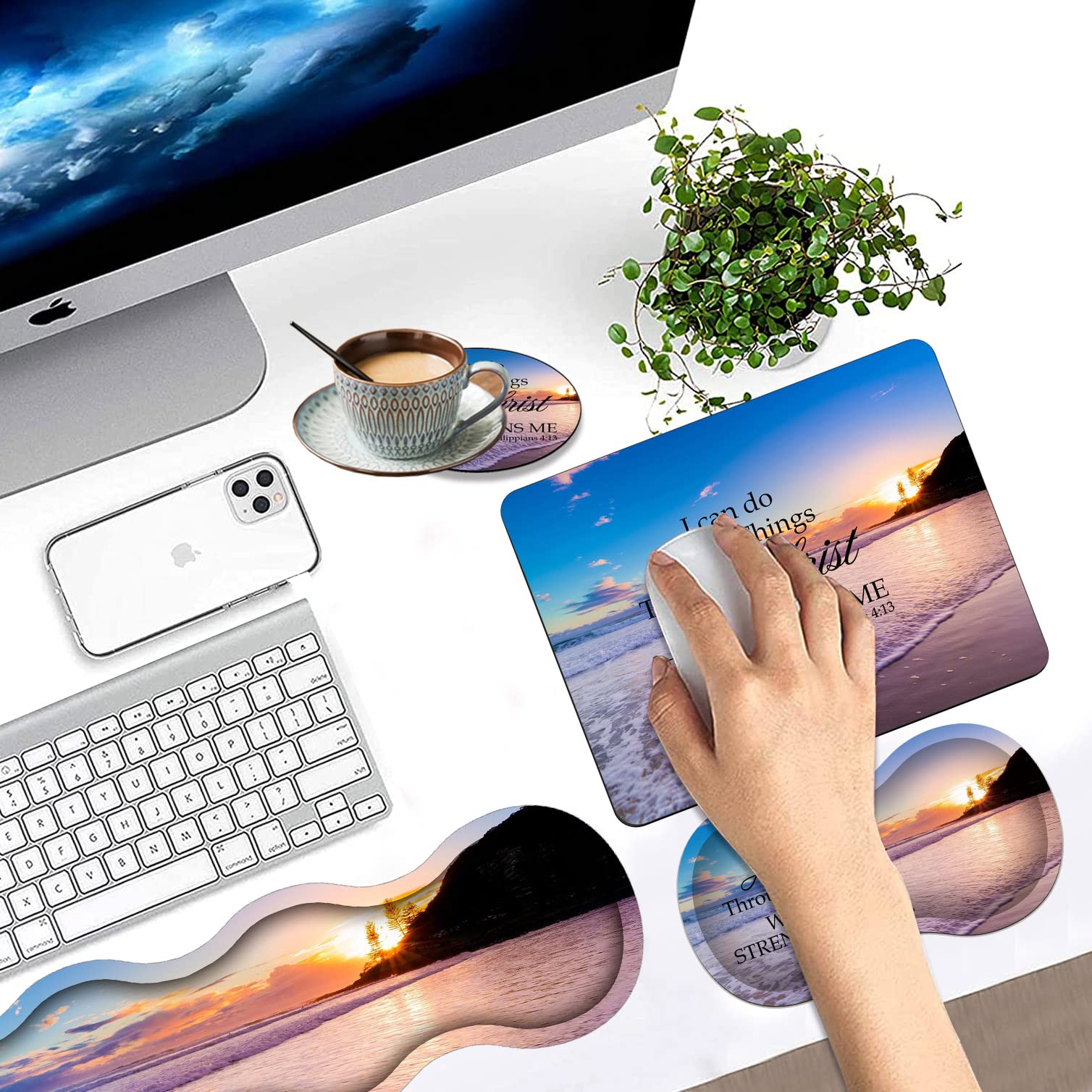 Ergonomic Keyboard & Mouse Wrist Rest Pad Set with Anti-Slip Mouse Pad & Coaster - Comfortable Wrist Support for Pain Relief - Perfect for Home, Office & Gaming Workstations - Bible Verse Philippians 4:13 Design