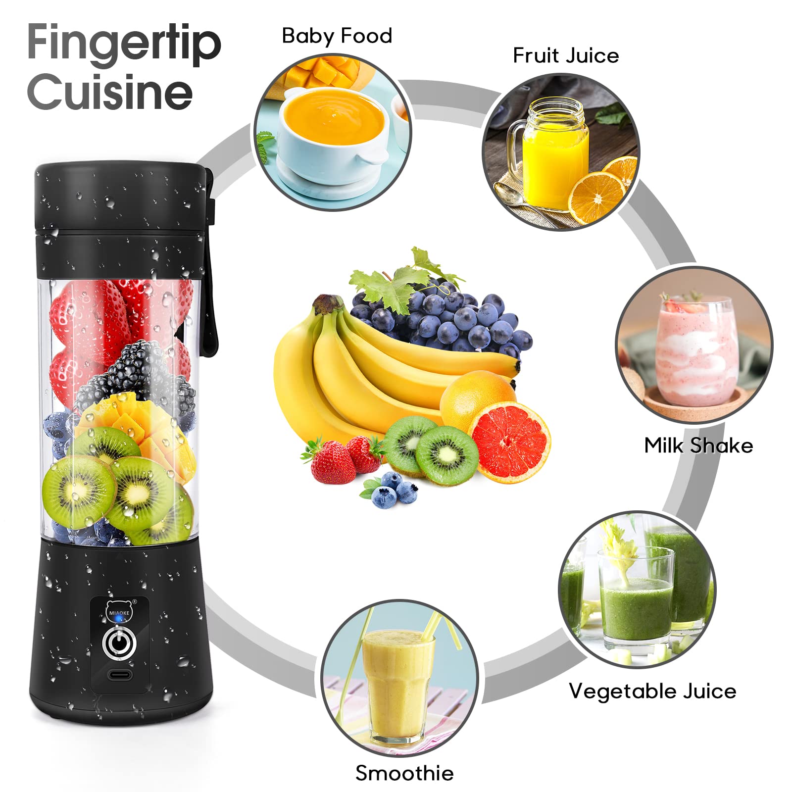 MIAOKE Portable USB Rechargeable Mini Blender - 3D Six Blades for Smoothies, Juices & Shakes - Perfect for Home, Office, Gym & Travel (Black) | Compact Personal Blender for Healthy Drinks On-The-Go