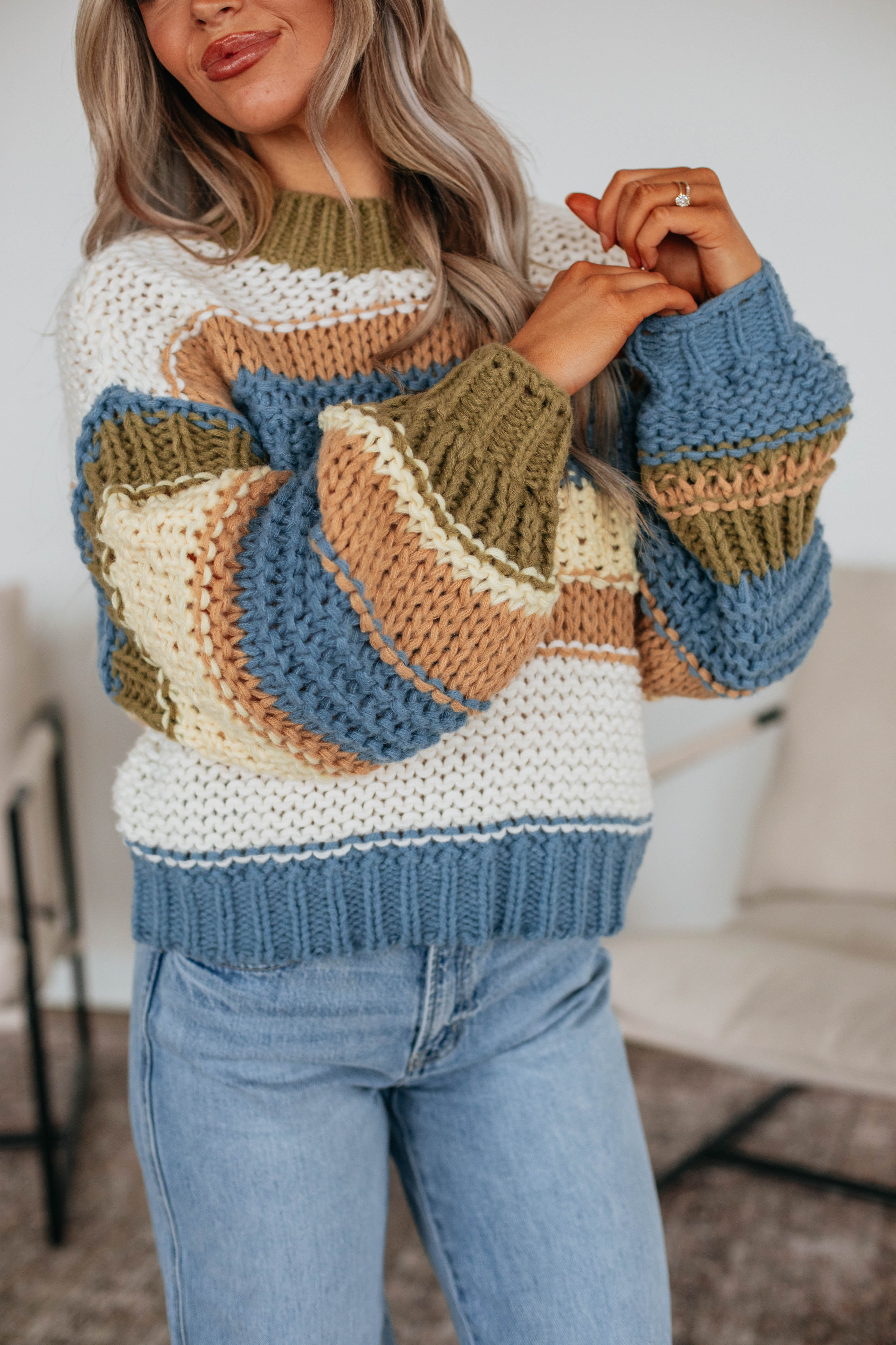 Celia Colorblock Sweater Women's Fashion Pullover - Steel Blue Mix Knit Top for Casual Outfits & Fall Layering
