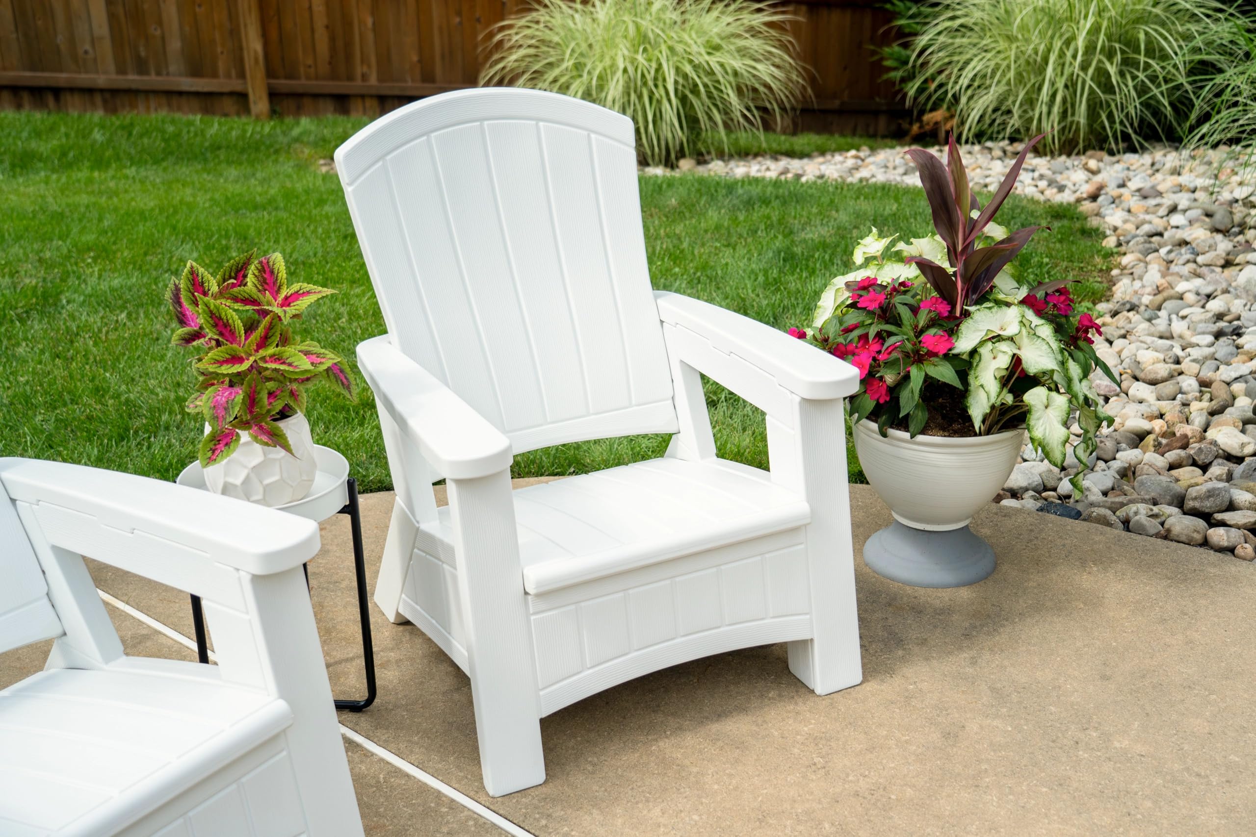 Suncast UV-Resistant White Adirondack Patio Chair with Built-in Seat Storage - Durable Outdoor Furniture for Backyard, Garden, Poolside & Deck Relaxation