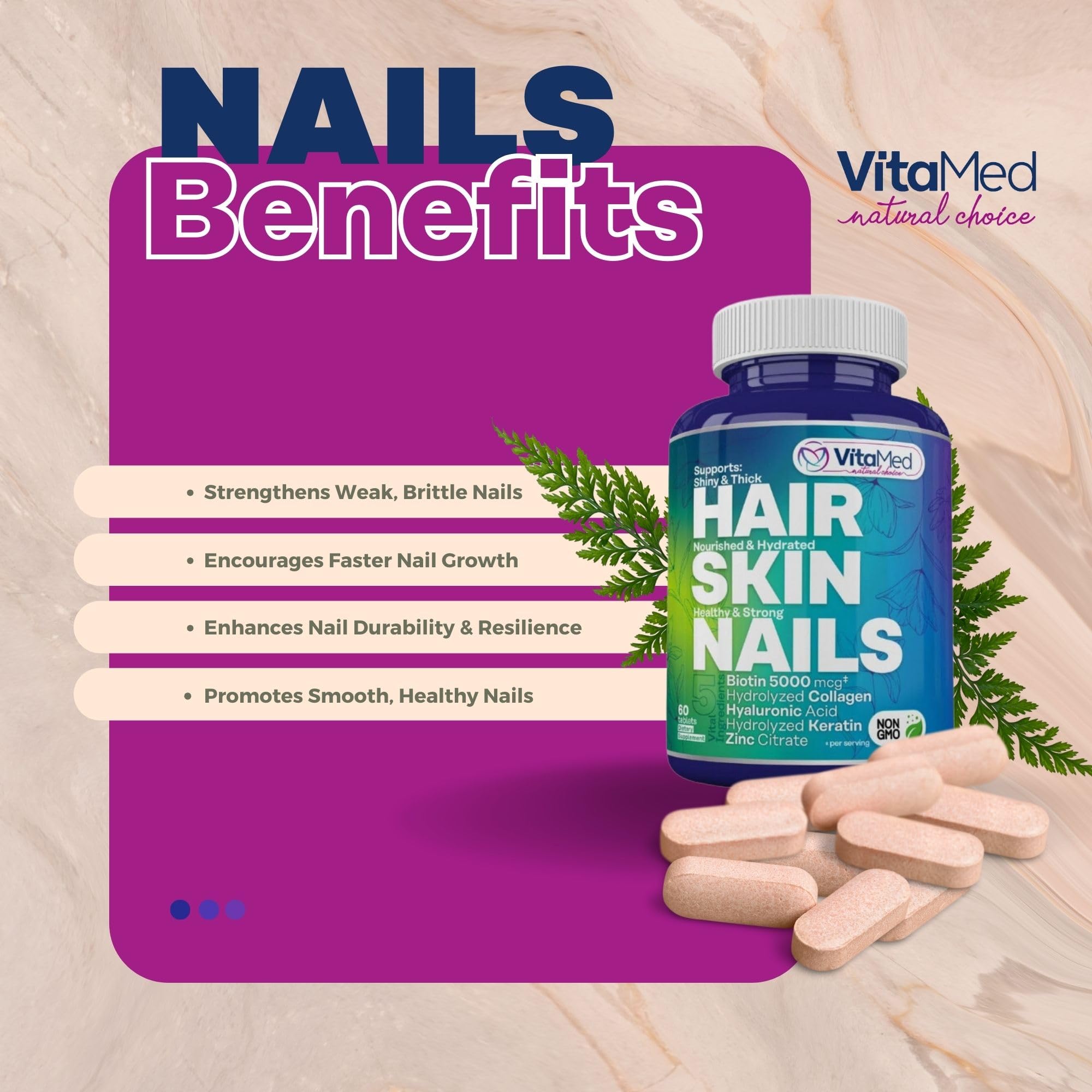 Premium Hair, Skin & Nails Vitamins with Biotin 5000mcg, Collagen, Keratin & Hyaluronic Acid - Supports Hair Growth, Strong Nails & Healthy Skin - 60 Tablets for Women & Men - Perfect for Daily Beauty Supplement Routine