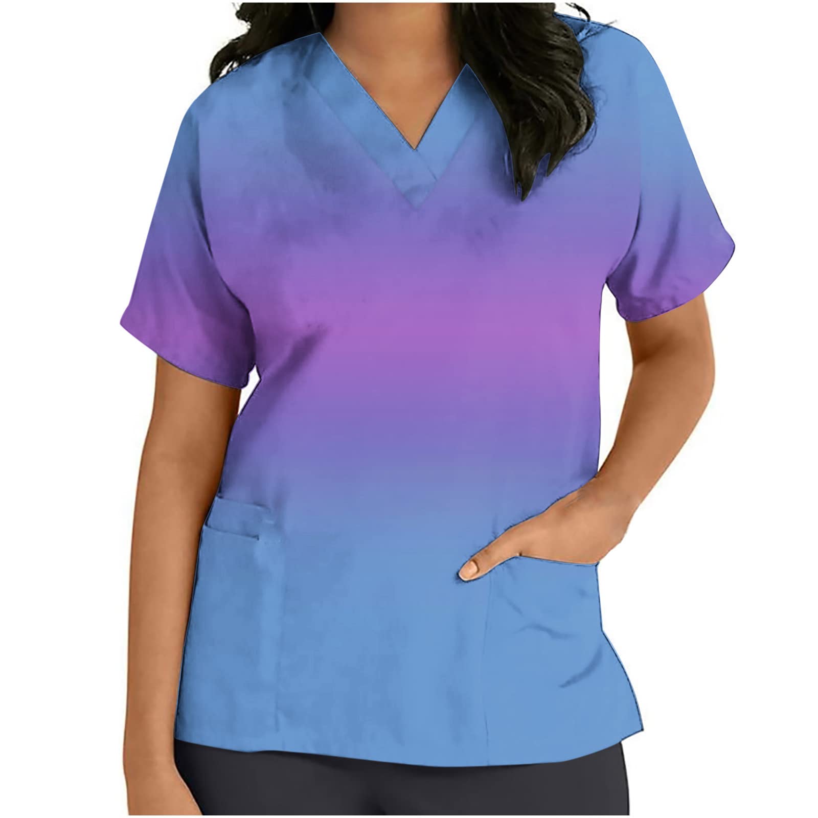 Women's V-Neck Short Sleeve Tie Dye Scrub Top - Anti-Wrinkle Medical Uniform with Pockets - Plus Size Nurse Workwear for Healthcare Professionals & Hospital Staff
