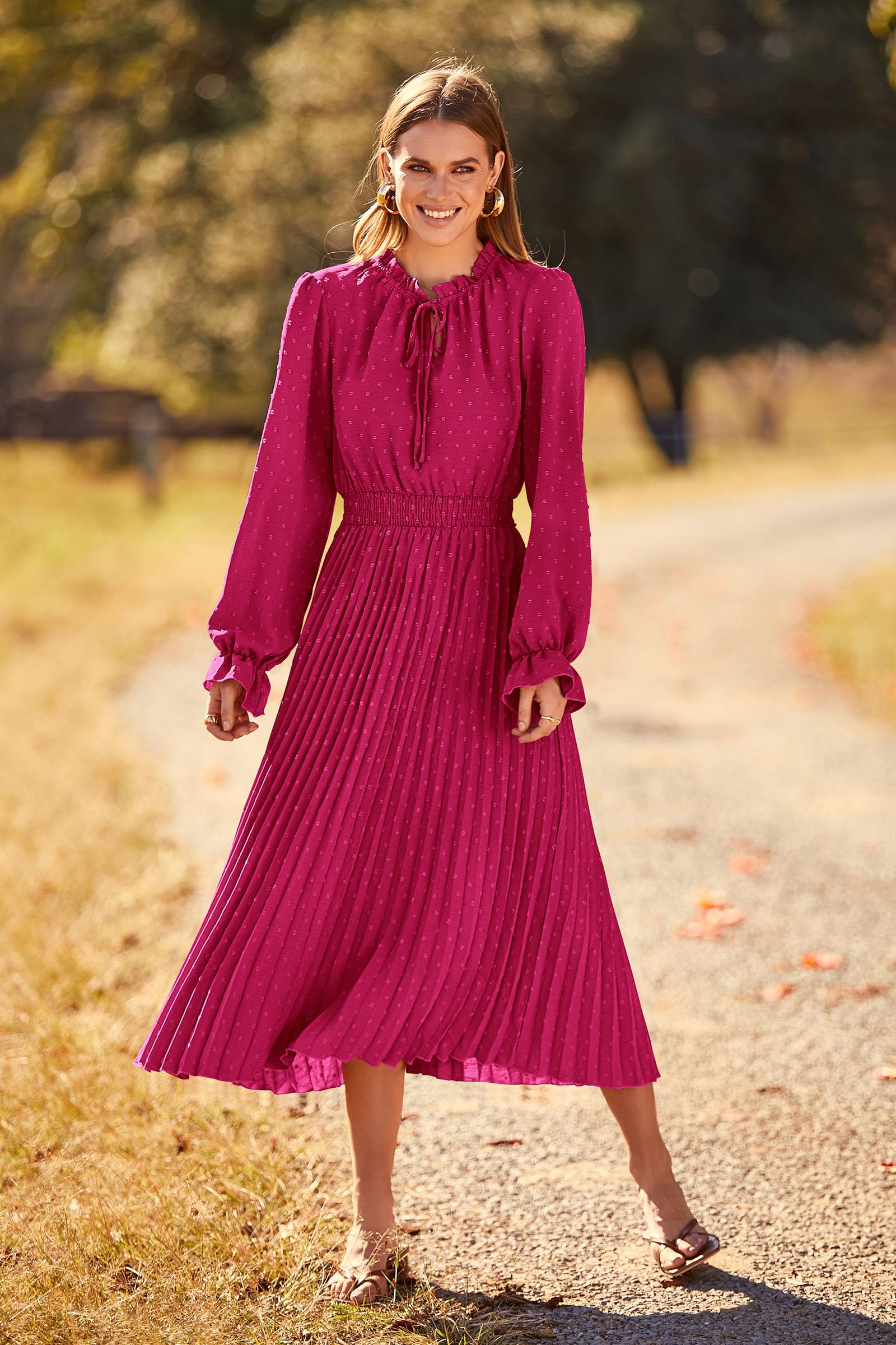 PRETTYGARDEN Women's Swiss Dot Pleated Midi Dress - Long Sleeve V-Neck A-Line Flowy Casual Dress for Spring Fall 2025 | Perfect for Office, Date Night & Special Occasions
