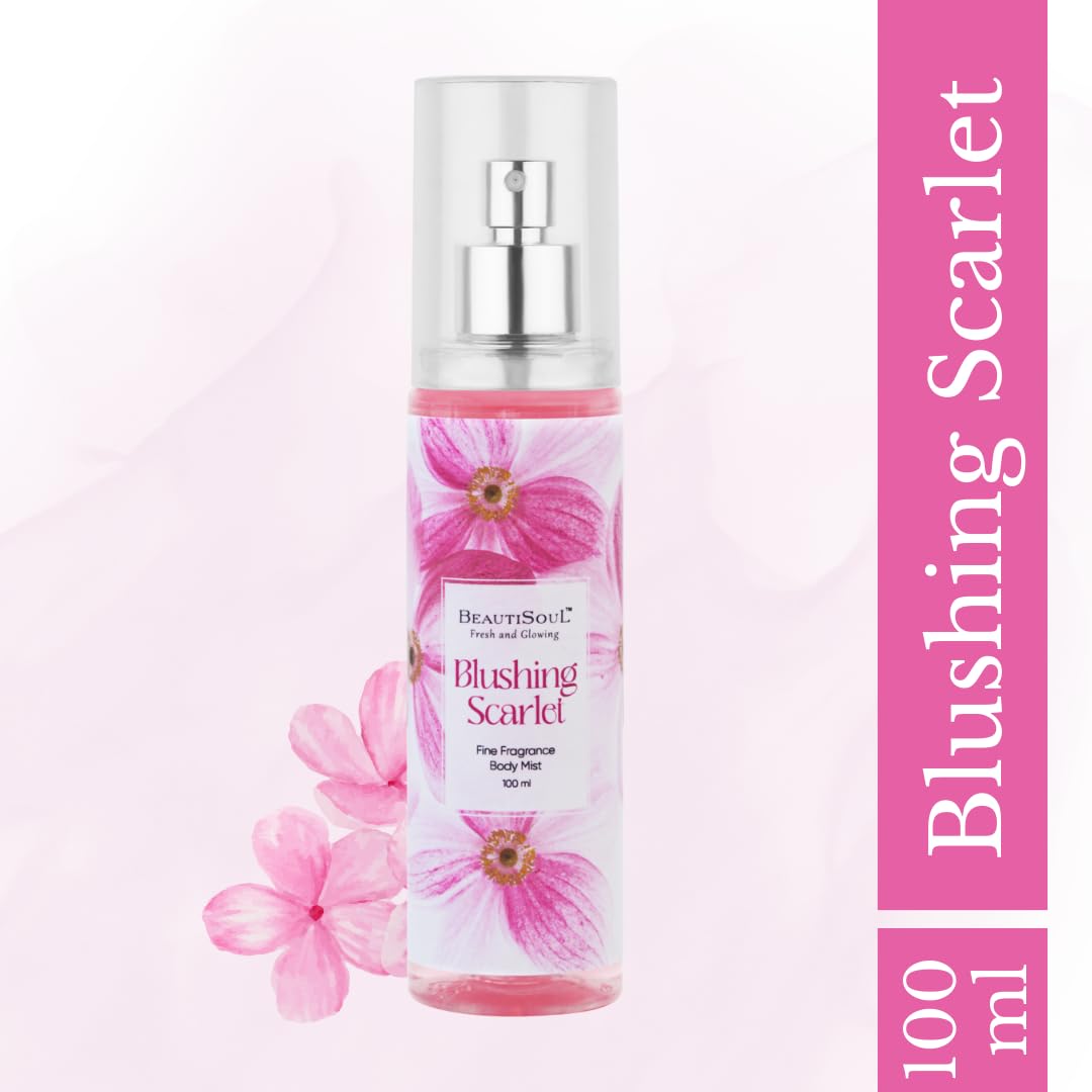Beautisoul Blushing Scarlet Fine Fragrance Body Mist for Women - 100ml Long Lasting Floral Perfume Spray | Hydrating, Delicate & Refreshing | Perfect for Daily Use, Date Nights, Office & Special Occasions | Great Gift Idea for Her, Birthday, Anniversary & Secret Santa