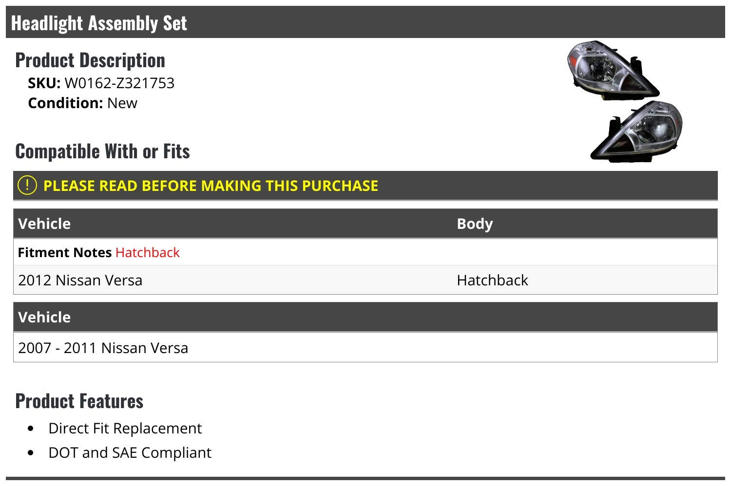 2007-2012 Nissan Versa Hatchback Headlight Assembly Set of 2 - Replacement Left & Right Headlights - Perfect for Night Driving & Foggy Conditions