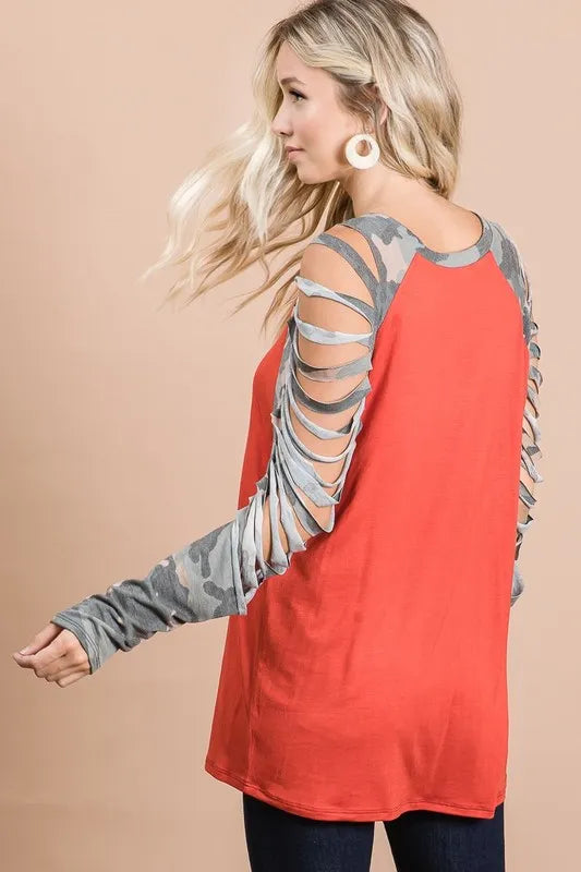 BiBi Jersey Knit Top with Camouflage Laser Cut Sleeves - Women's Fashion Casual T-Shirt for Streetwear & Everyday Outfits