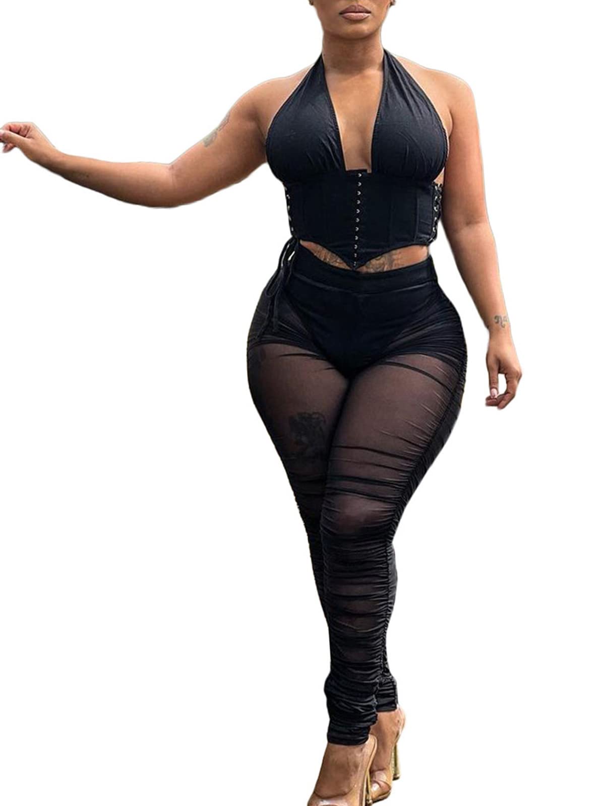 Sexy Two Piece Outfits for Women - Bodycon Halter Crop Top & Sheer Mesh Pants Jumpsuit Clubwear | Perfect for Night Out, Party, Date Night and Special Occasions