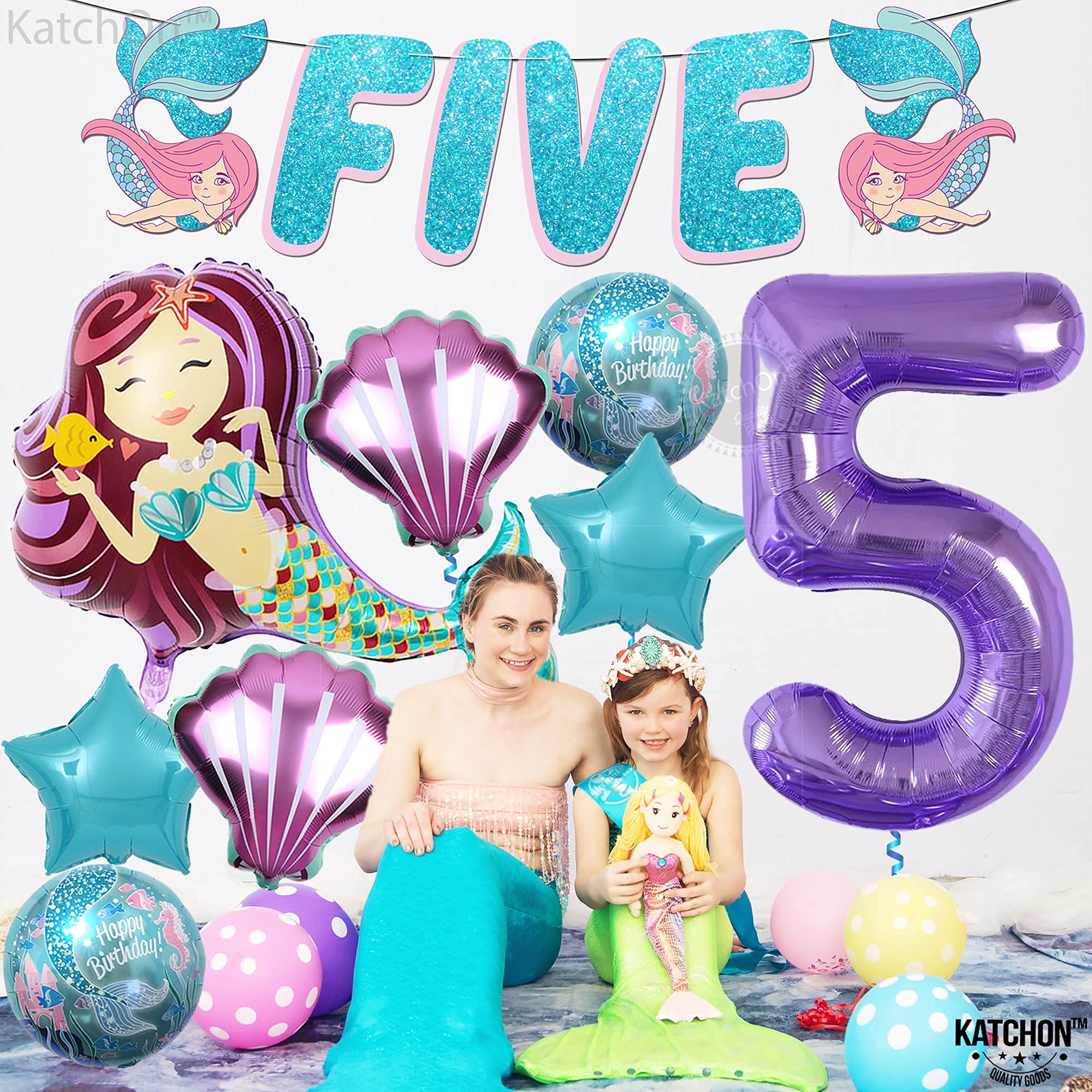 Shiny Mermaid 5th Birthday Party Decorations for Girls - Pack of 9 Including Balloons & Banner | Mermaid Themed Party Supplies for Kids Birthday | Perfect for Underwater, Ocean or Princess Themed Parties