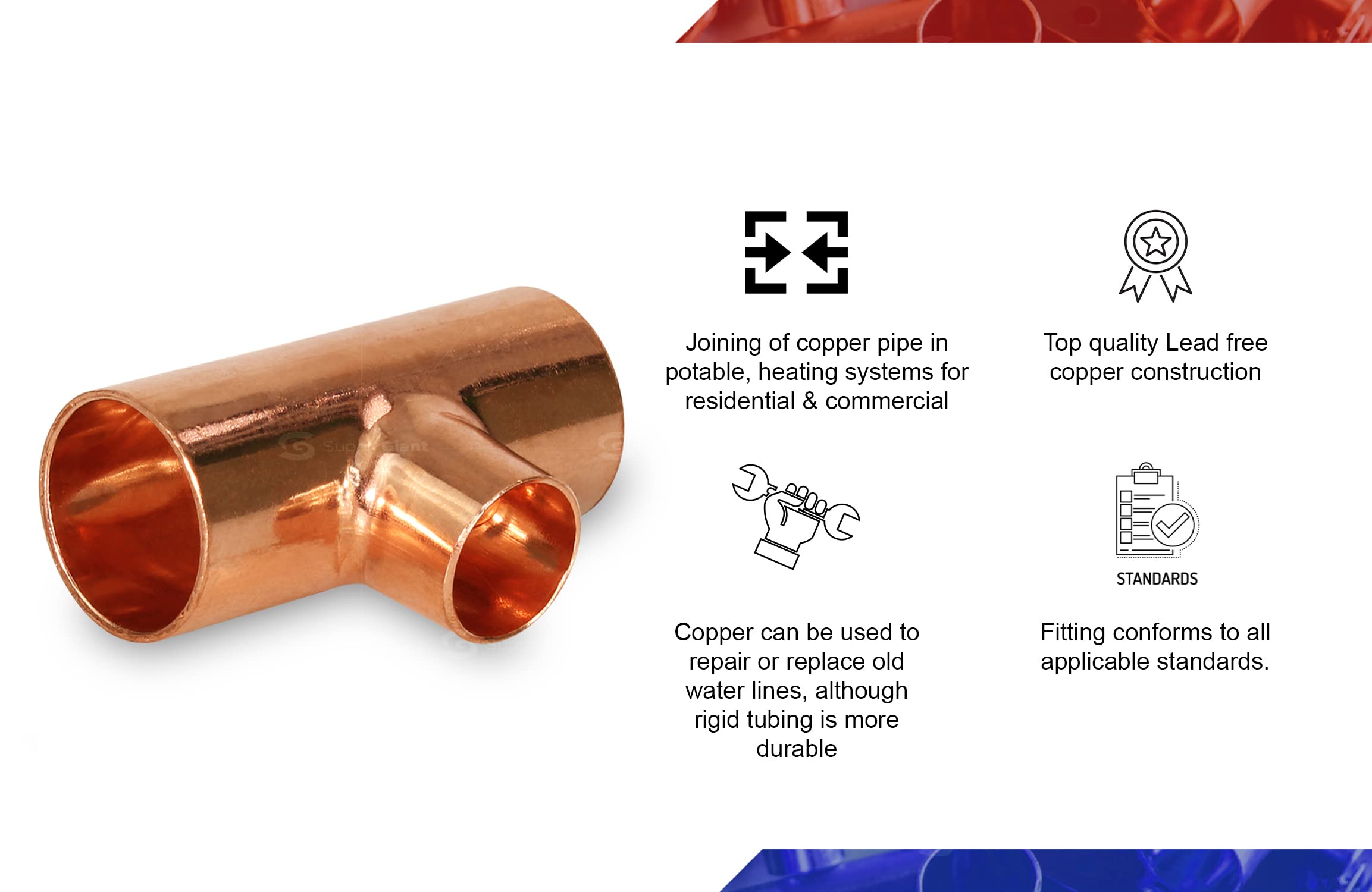 DDSU1549 4x4x1 Copper Reducing Tee Fitting with Solder Cups for HVAC & Plumbing - Perfect for Water Supply Lines, Drainage Systems & Refrigeration Pipes