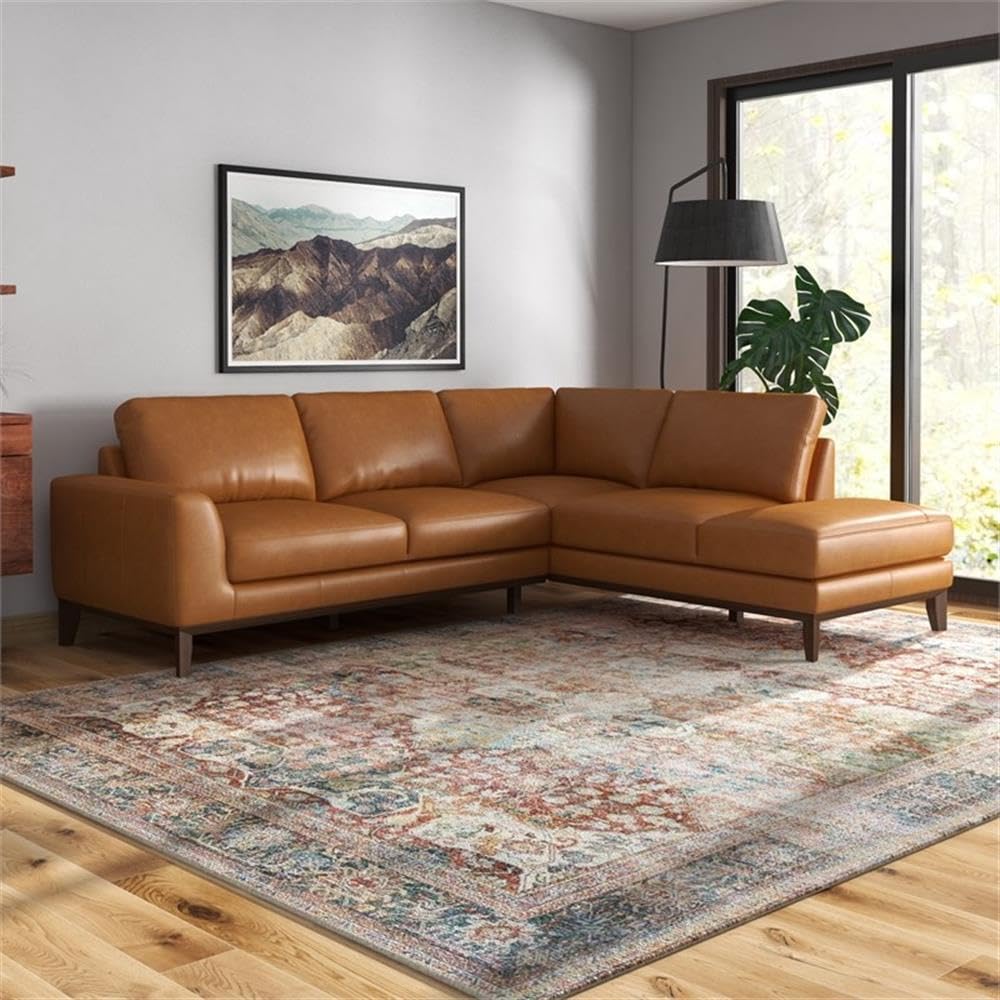 ASHCROFT Mid-Century Modern Milton Tan Leather Sectional Sofa with Right Chaise Lounge - Perfect for Living Room, Lounge & Contemporary Home Decor