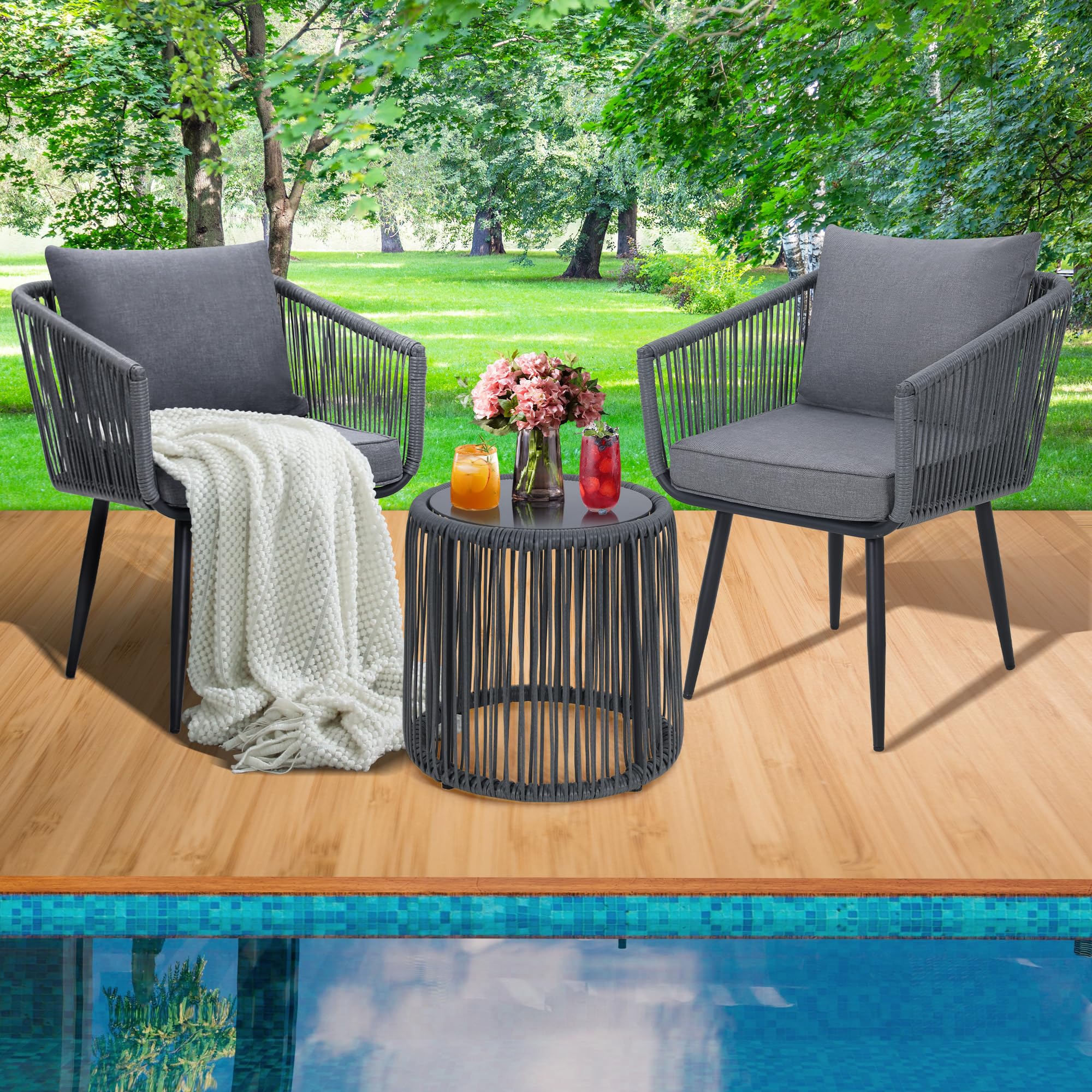 3-Piece Patio Rattan Bistro Set - All-Weather Wicker Outdoor Furniture with Chairs & Side Table - Perfect for Balcony, Porch, Backyard & Garden - Weather-Resistant Grey Rattan Conversation Set for Relaxing, Entertaining & Outdoor Dining