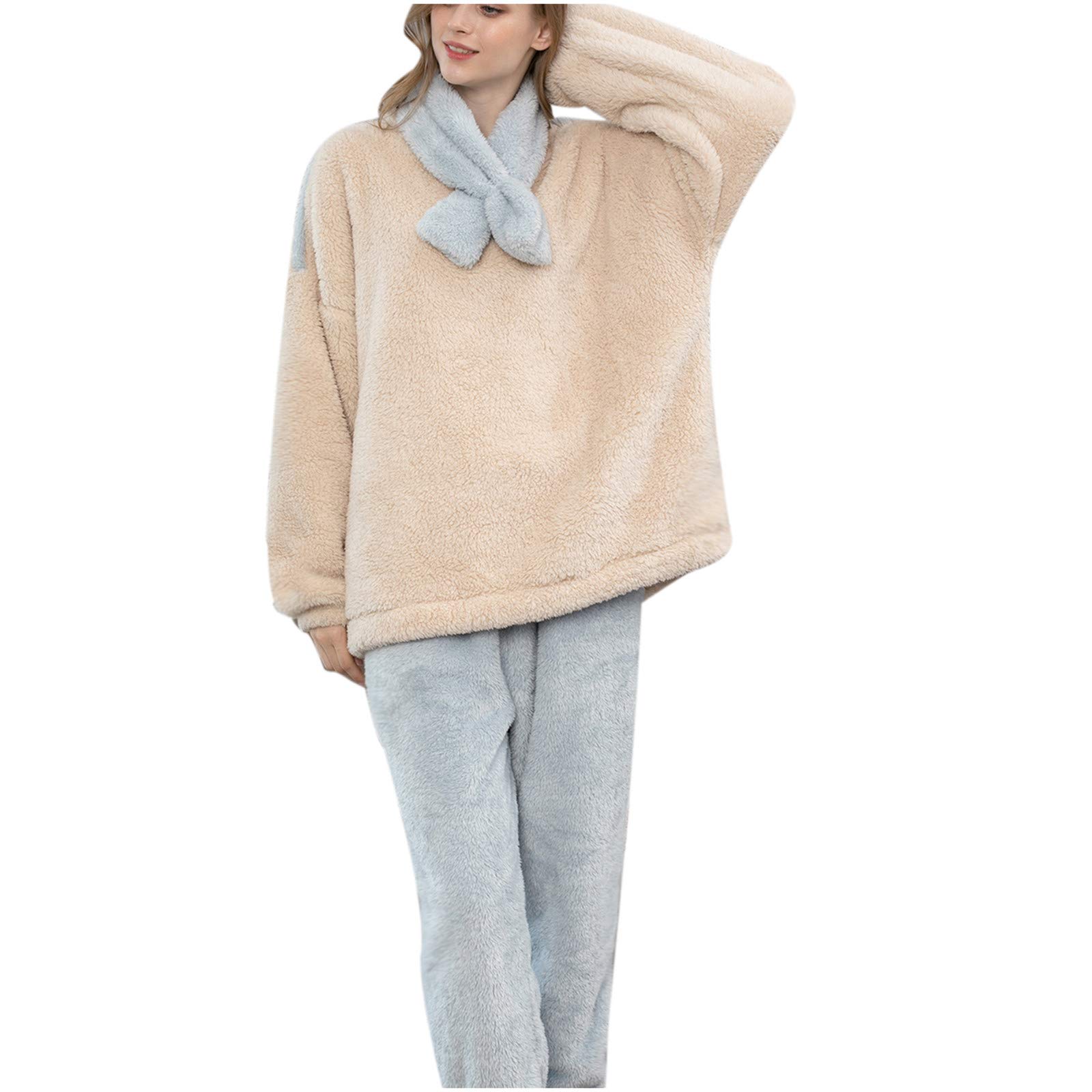 Women's Winter Pajama Set - Warm Fluffy Sleepwear with Pockets for Home & Sleep