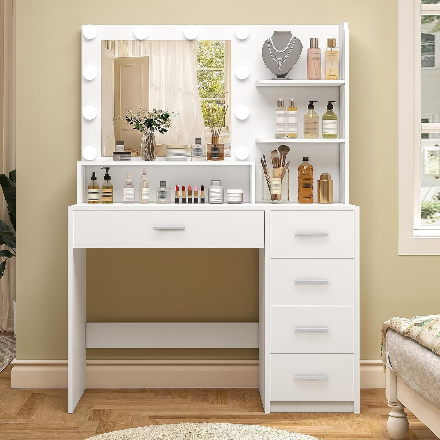 Quimoo Makeup Vanity Desk with LED Lights & Mirror, 5 Drawers & Storage Shelves, Adjustable Brightness & 3 Color Modes Dressing Table for Bedroom, Perfect for Makeup, Skincare & Jewelry Organization