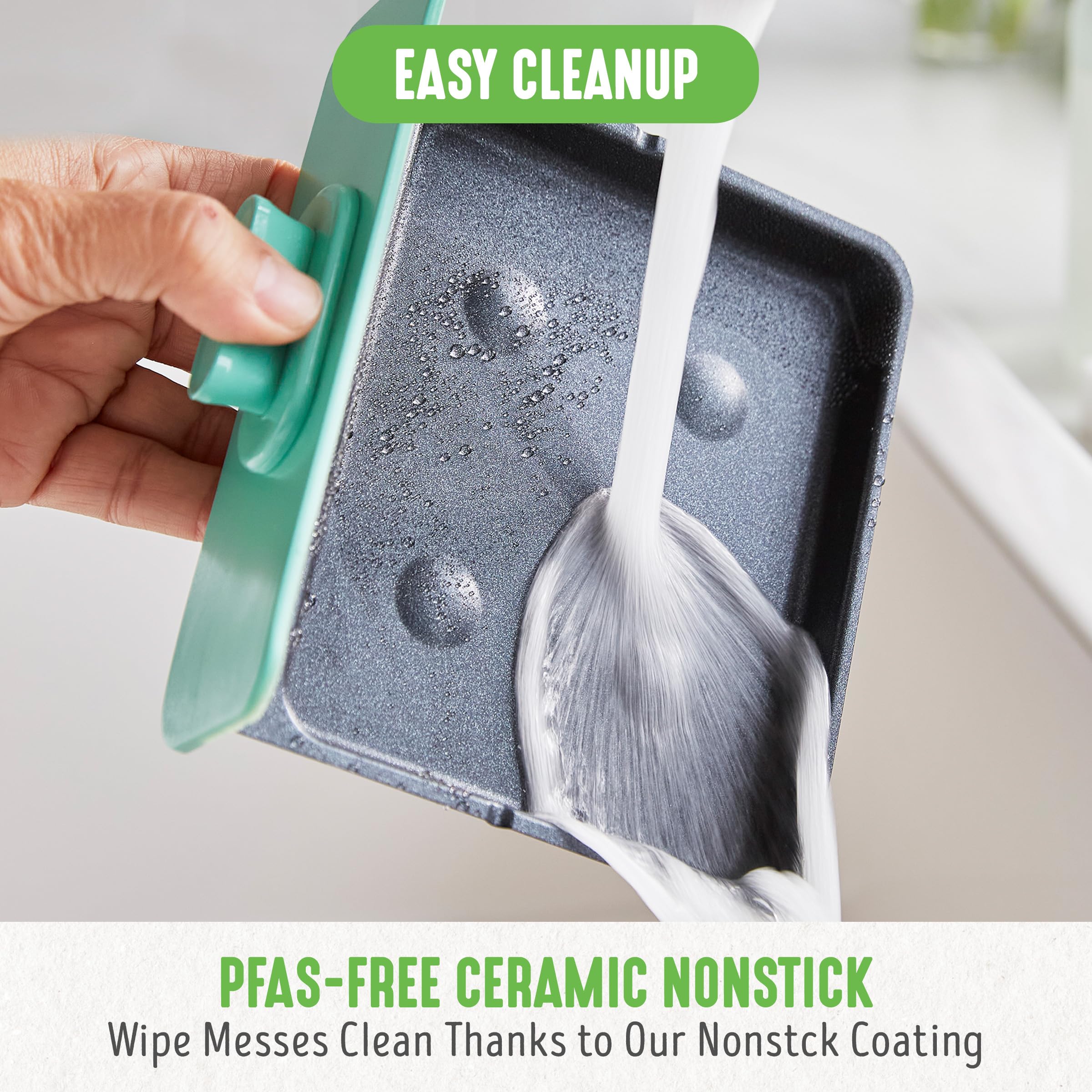 GreenLife 3-in-1 Breakfast Maker Station - Healthy Ceramic Nonstick Dual Griddles for Eggs, Meat, Sausage, Bacon, Pancakes & Breakfast Sandwiches with 2-Slice Toast Drawer & Easy Timer - Perfect for Quick Breakfasts, Family Meals & Small Kitchens (Turquoise)