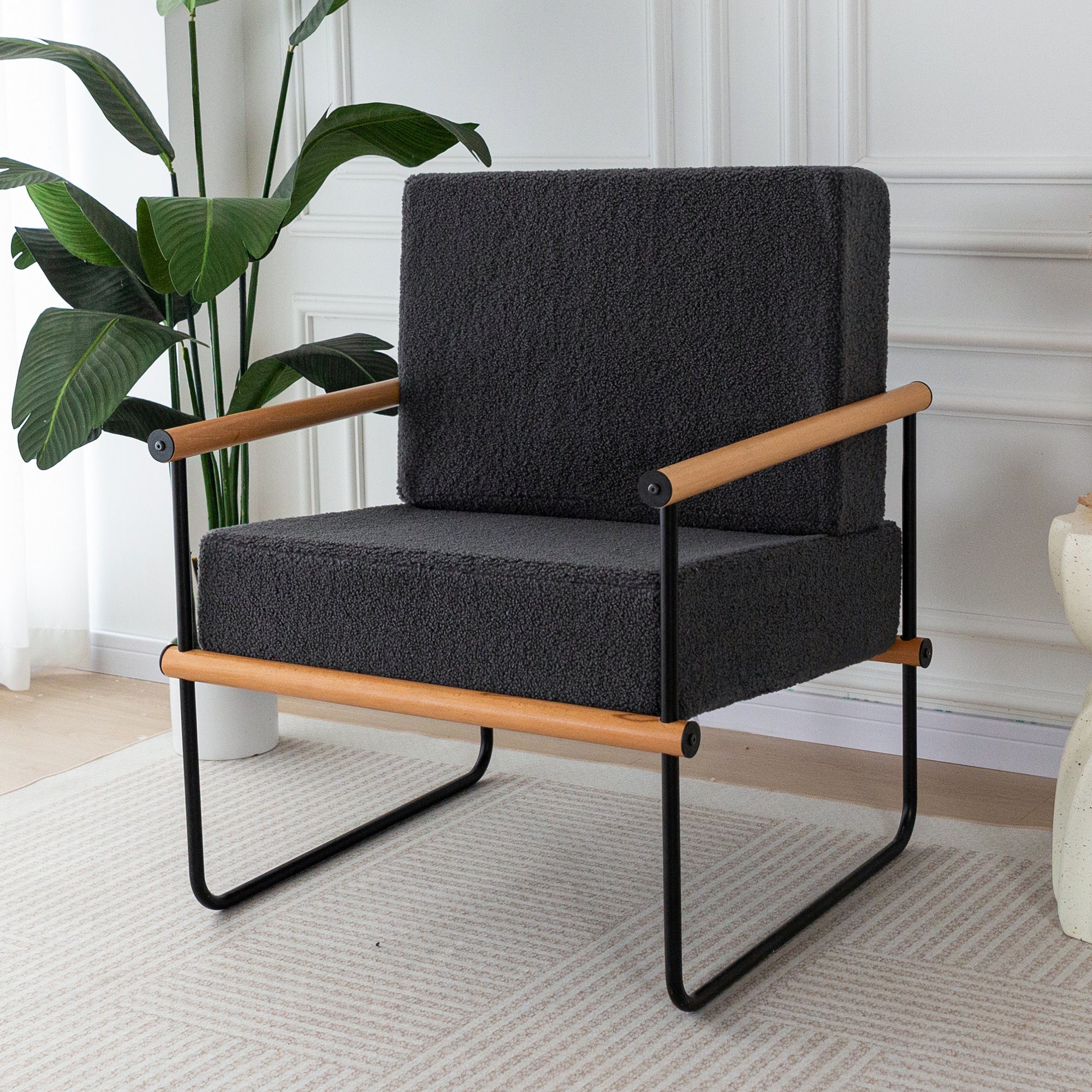 Dark Grey Upholstered Armchair with Metal & Wood Accents - Thick Padded Seat - Modern Accent Chair for Living Room, Bedroom & Office Decor