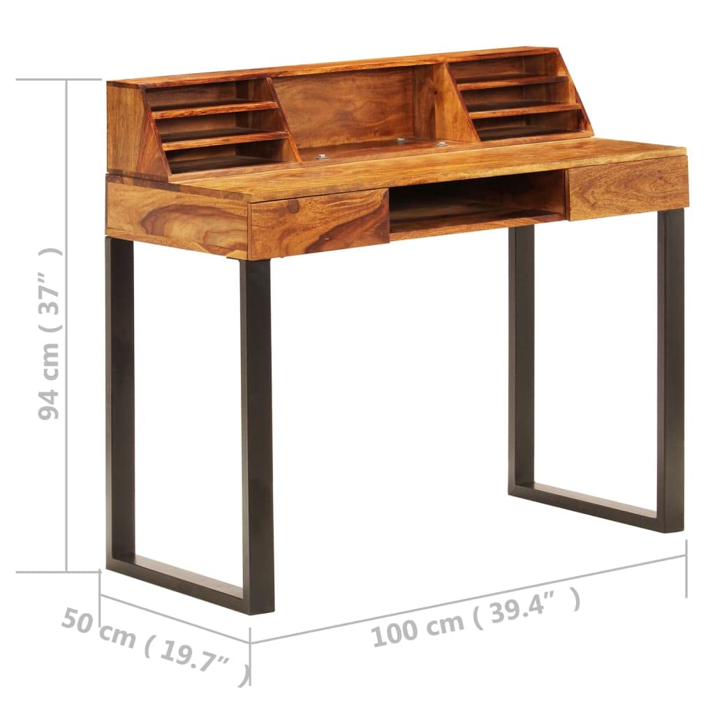 Solid Sheesham Wood & Steel Home Office Desk - 43.3