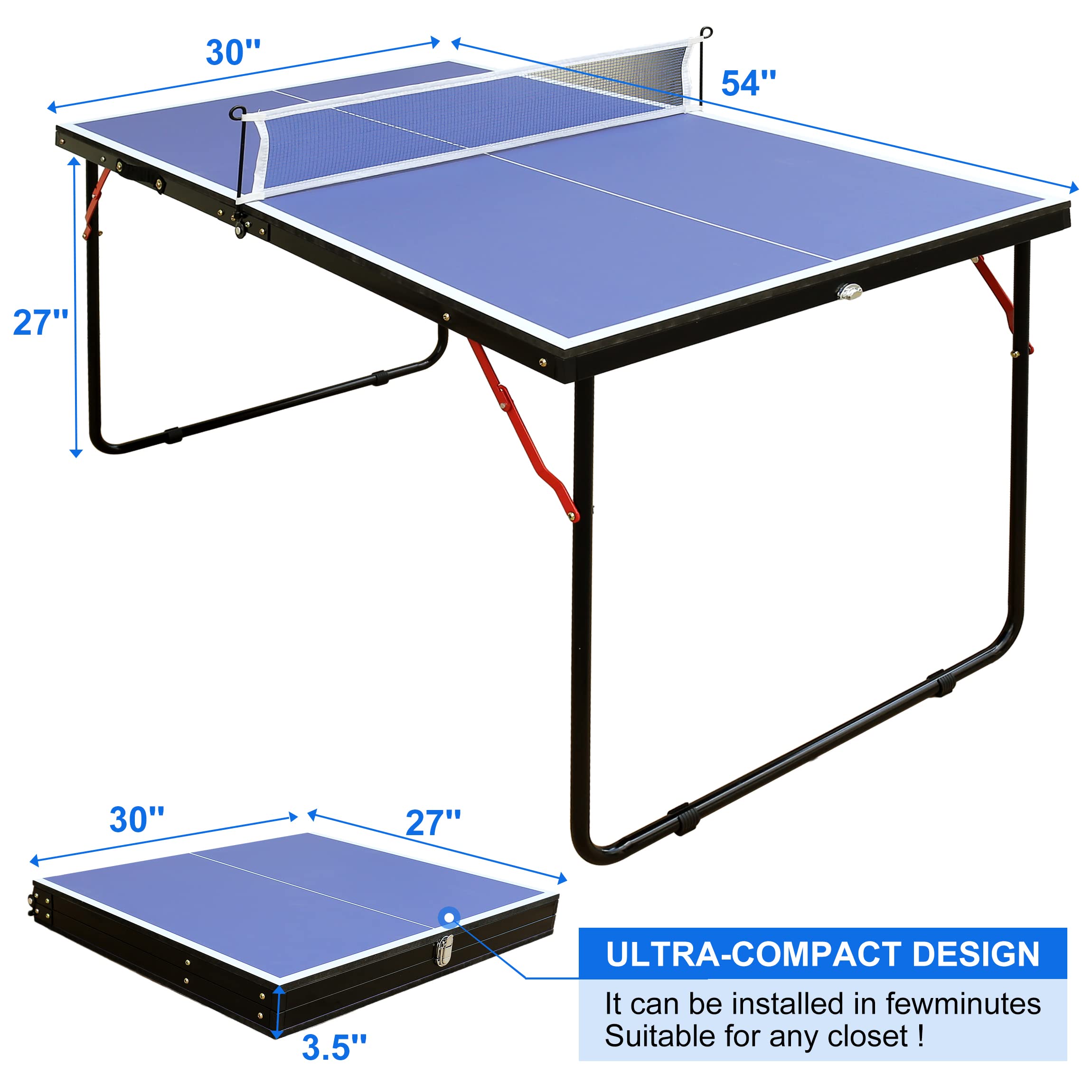 Foldable Midsize Ping Pong Table Set with Net & 2 Paddles - Indoor/Outdoor Waterproof Table Tennis Game for Backyard, Basement & Recreation Rooms
