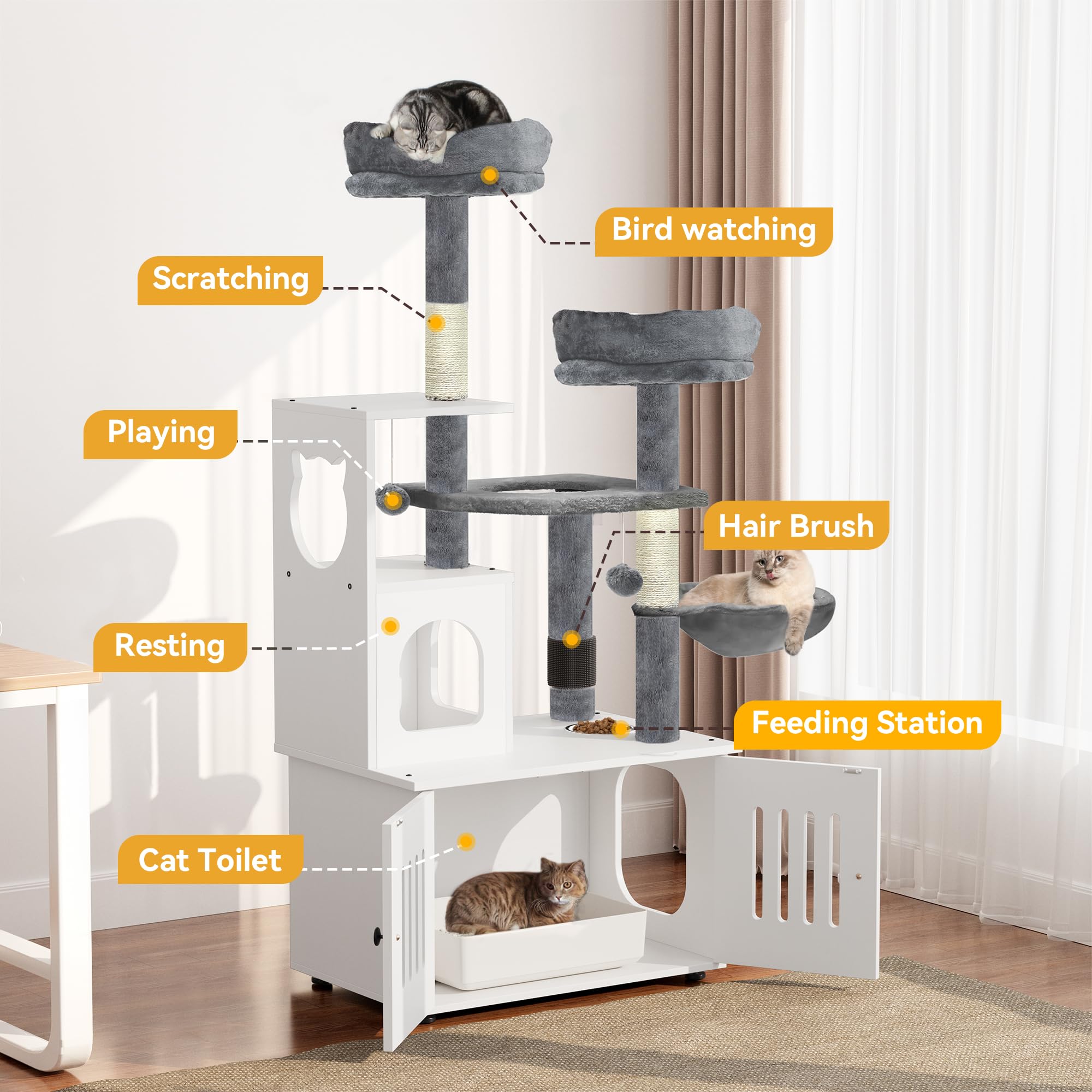 YITAHOME 59 Inch 2-in-1 Cat Tree with Litter Box Enclosure - Modern Cat Condo Tower with Wood House, Perch, Food Station, Hammocks & Scratching Post - Indoor Cat Furniture for Small Spaces & Multi-Cat Homes (White) - Perfect for Apartments, Living Rooms & Pet Play Areas
