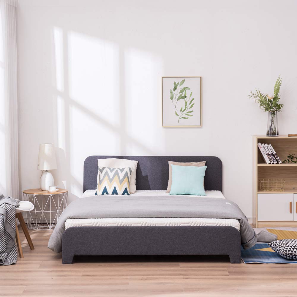 Full Size Upholstered Platform Bed Frame with Headboard - Wood Slat Support, Curved Corners, No Box Spring Needed - Easy Assembly Soft Base Bed Set in Gray - Perfect for Modern Bedrooms, Guest Rooms & Small Spaces