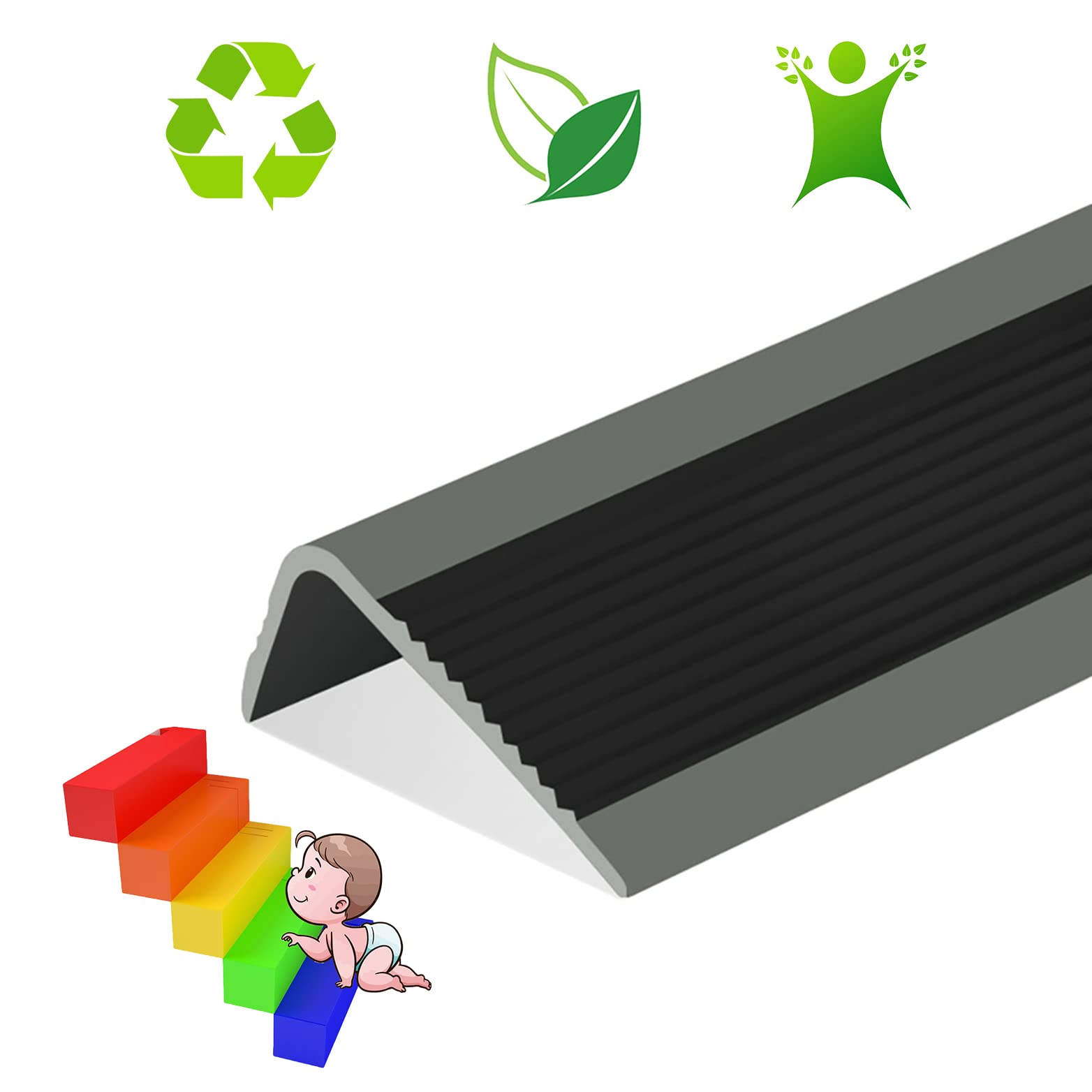 Non-Slip Rubber Stair Nosing Edge Trim - L-Shaped Corner Guard for Indoor/Outdoor Tile, Wood & Metal Stairs - Black - Perfect for Home, Office & Commercial Safety