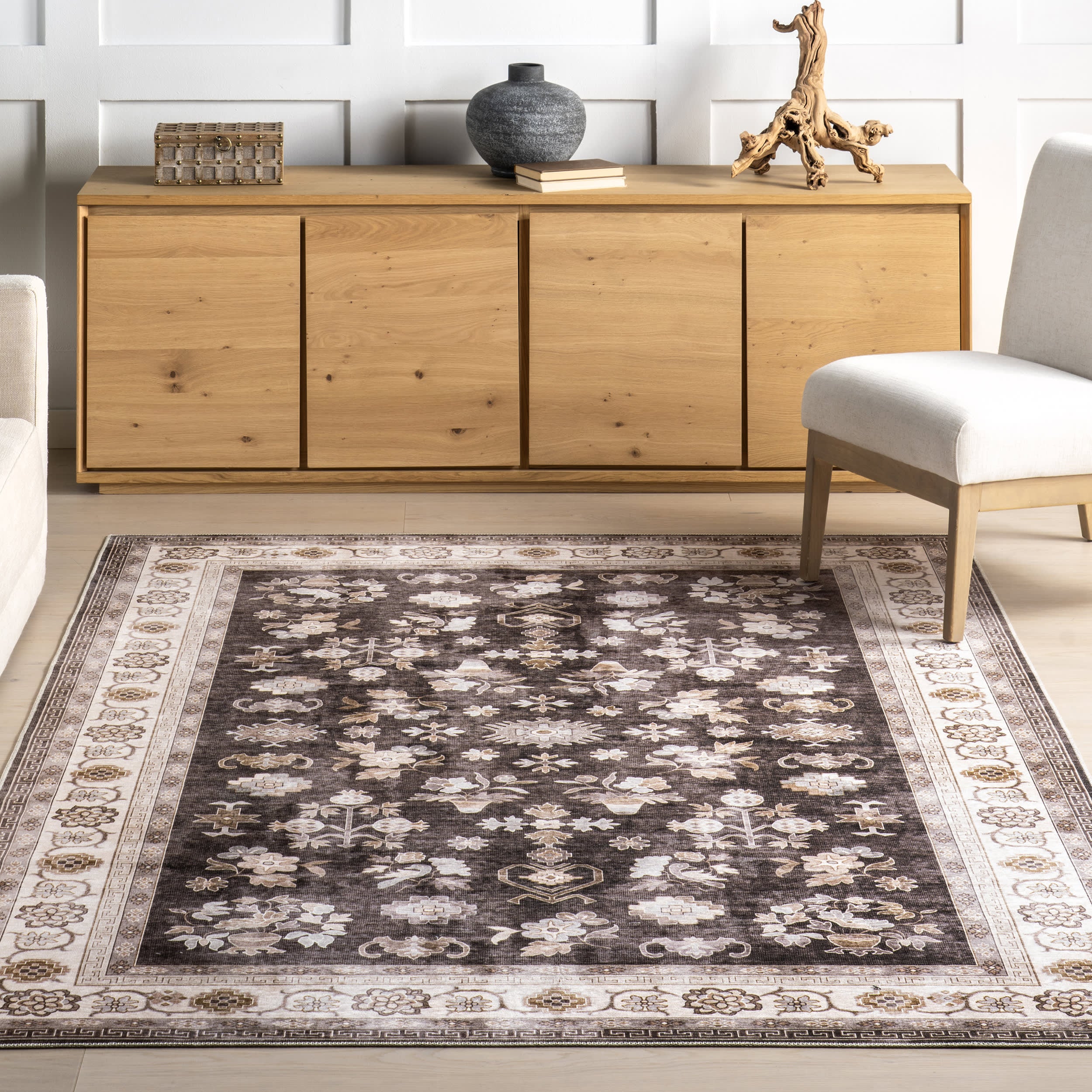 Dayflower Vintage Spill-Proof Washable Area Rug - Brown | Non-Slip Floor Mat for Living Room, Bedroom & Kitchen