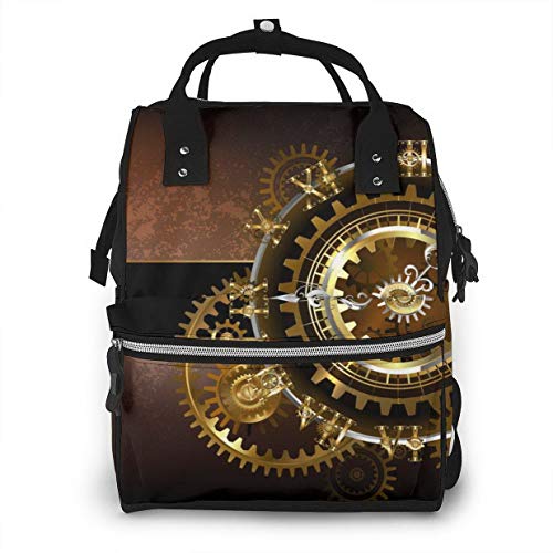 Vintage Steampunk Watches with Gold & Brass Gears - Fashionable Brown Diaper Backpack for Moms - Large Capacity Multi-Functional Baby Care Bag - Perfect for Travel, Nursing & Daily Use