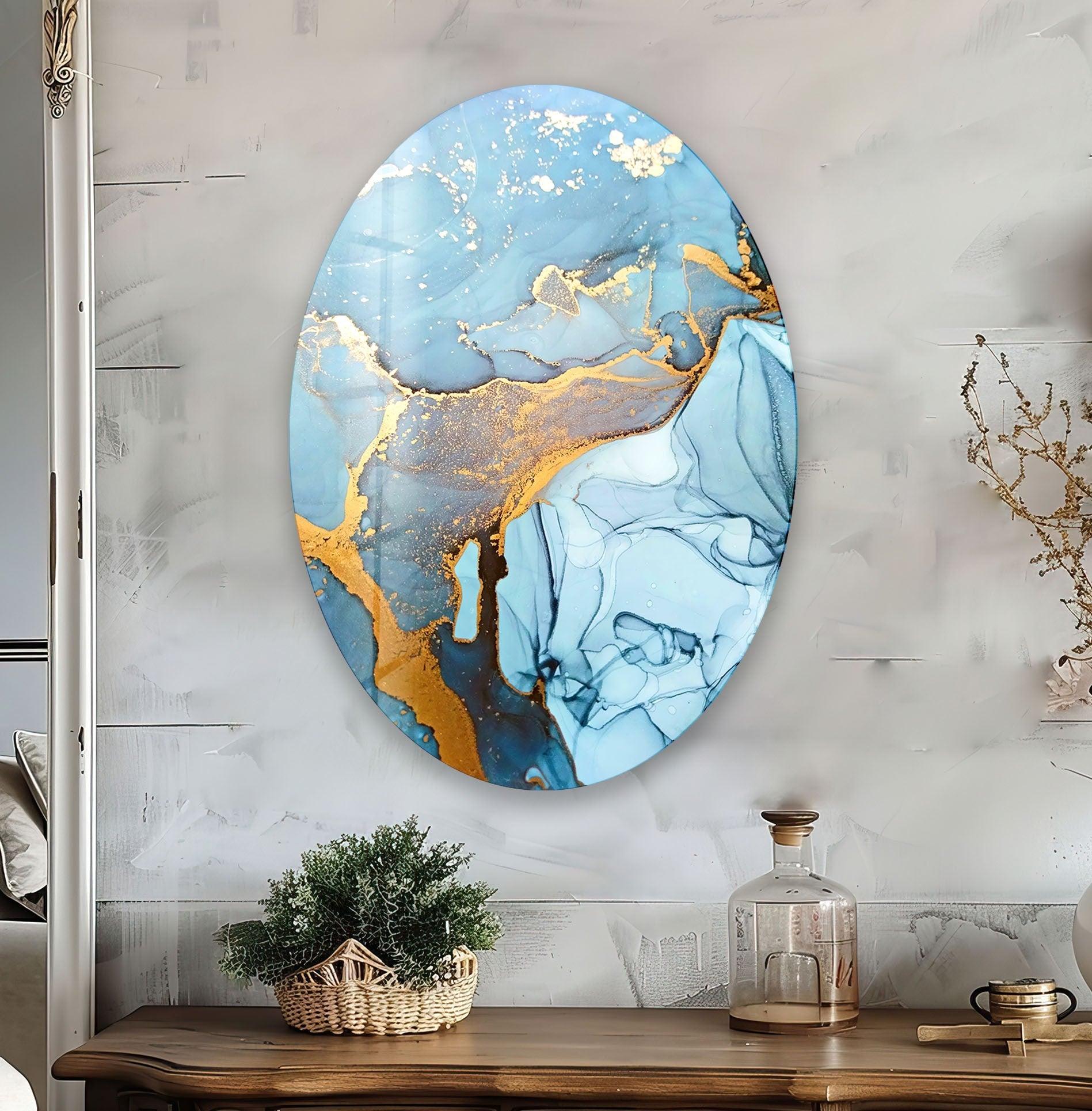 Abstract Blue Marble Glass Wall Art - Asymmetric Oval Design for Modern Home & Office Decor | Handmade Glass Artwork for Living Room, Bedroom, or Entryway