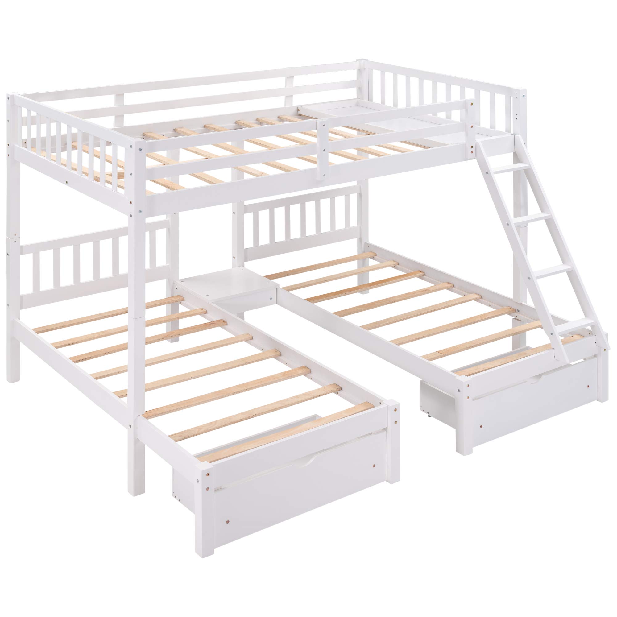Wood Triple Bunk Bed with 3 Drawers & Guardrails - Full Over 2 Twin Bunk Bed for Family & Teens - No Box Spring Needed - Space Saving Kids Bedroom Furniture for Small Rooms & Vacation Homes