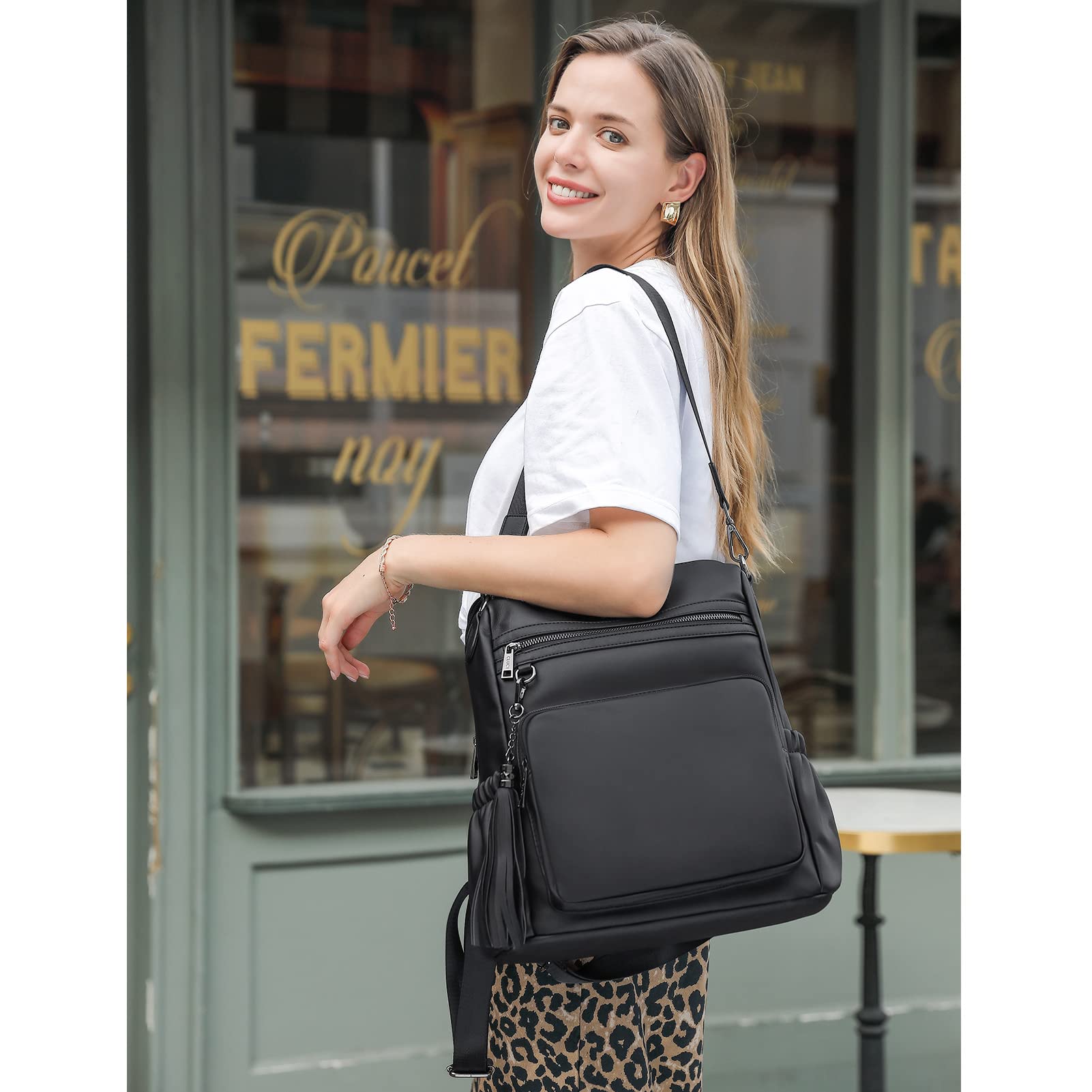 CLUCI Women's Leather Backpack Purse - Large Convertible Travel & Work Shoulder Bag with Tassel | Stylish Black Designer Handbag for Commuting, Business Trips & Daily Use