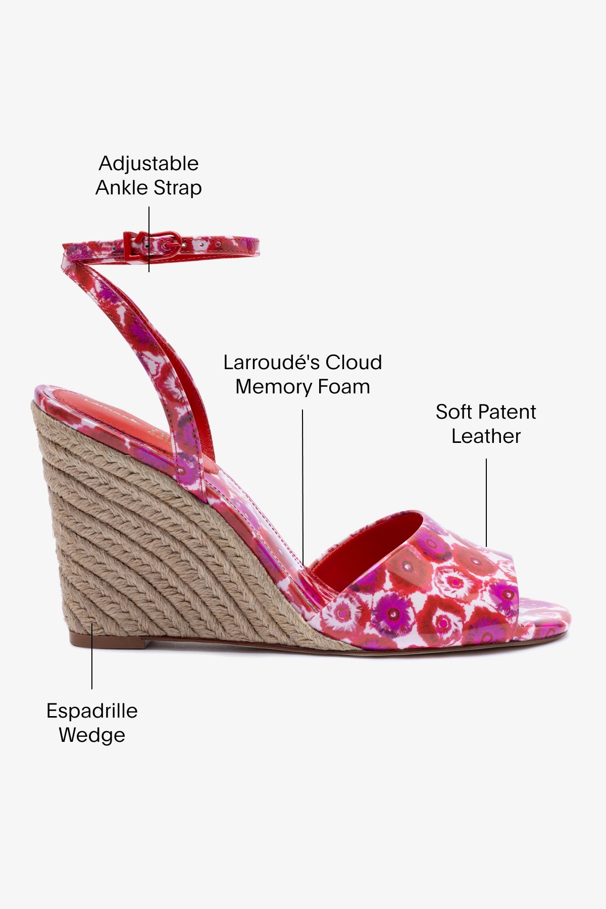 Larroudé x Jonathan Cohen Yves Wedge Sandals in Red Abstract Printed Patent Leather - Stylish Women's Heels for Parties, Weddings & Evening Events