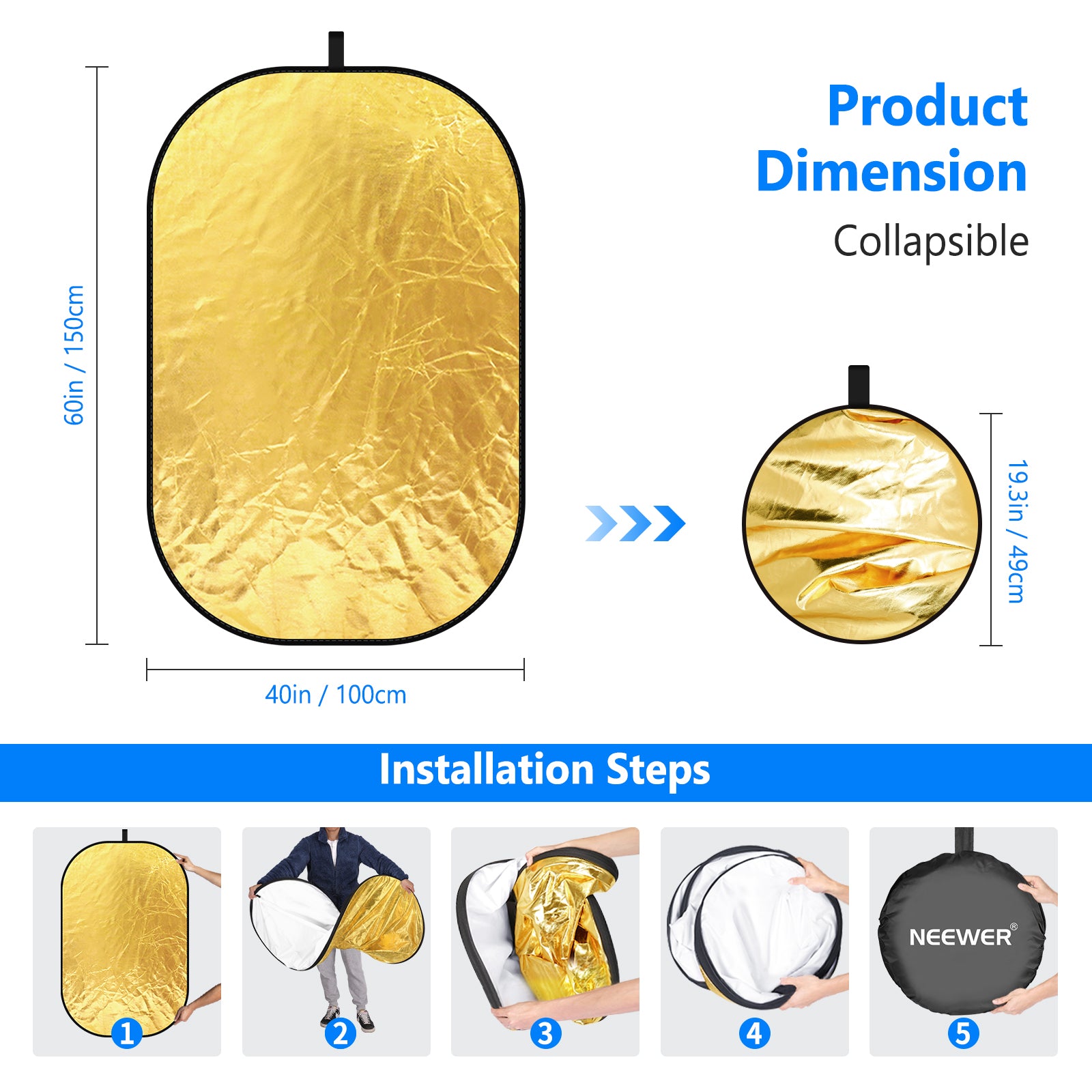 NEEWER 5-in-1 Portable Photography Lighting Reflector and Diffuser Kit for Studio, Outdoor, and Portrait Photography