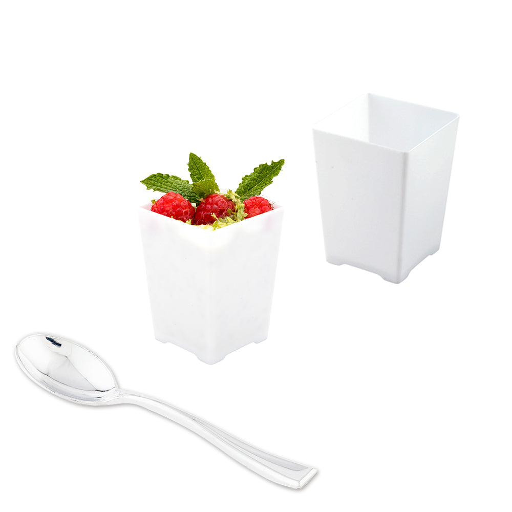 100 Pack 4 oz Square White Plastic Tall Quadrato Cups with 100 Silver Mini Plastic Spoons - Perfect for Parties, Events, and Catering Services