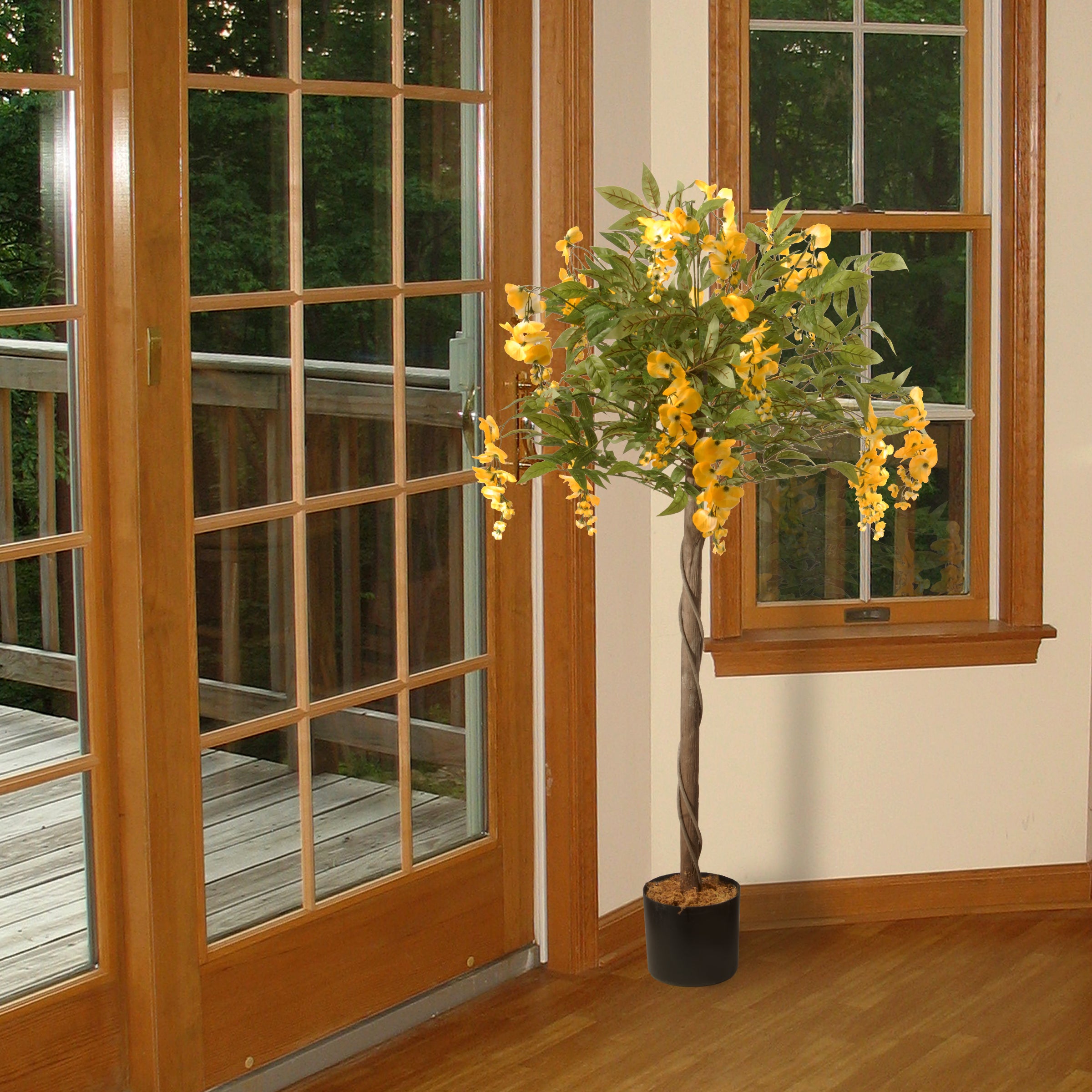 4 ft. Artificial Spring Wisteria Potted Tree with Yellow Flowers in Black Planter - Home Decor, Wedding Centerpiece, Office & Garden Decoration