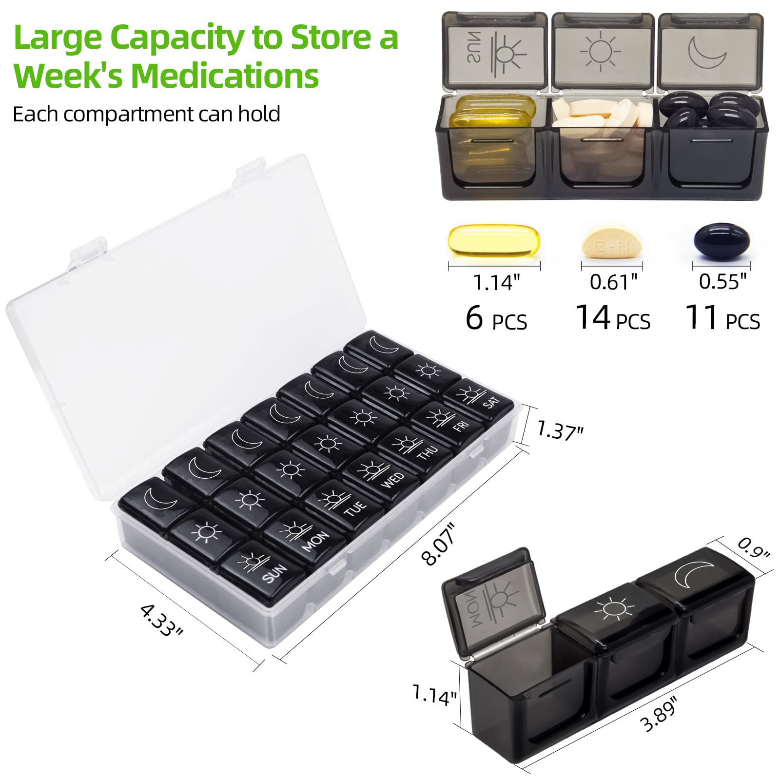 GOGOODA 7-Day Weekly Pill Organizer Box - 3 Times a Day Medication Case for Vitamins, Fish Oil & Supplements - Perfect for Travel, Home Use & Daily Medication Management