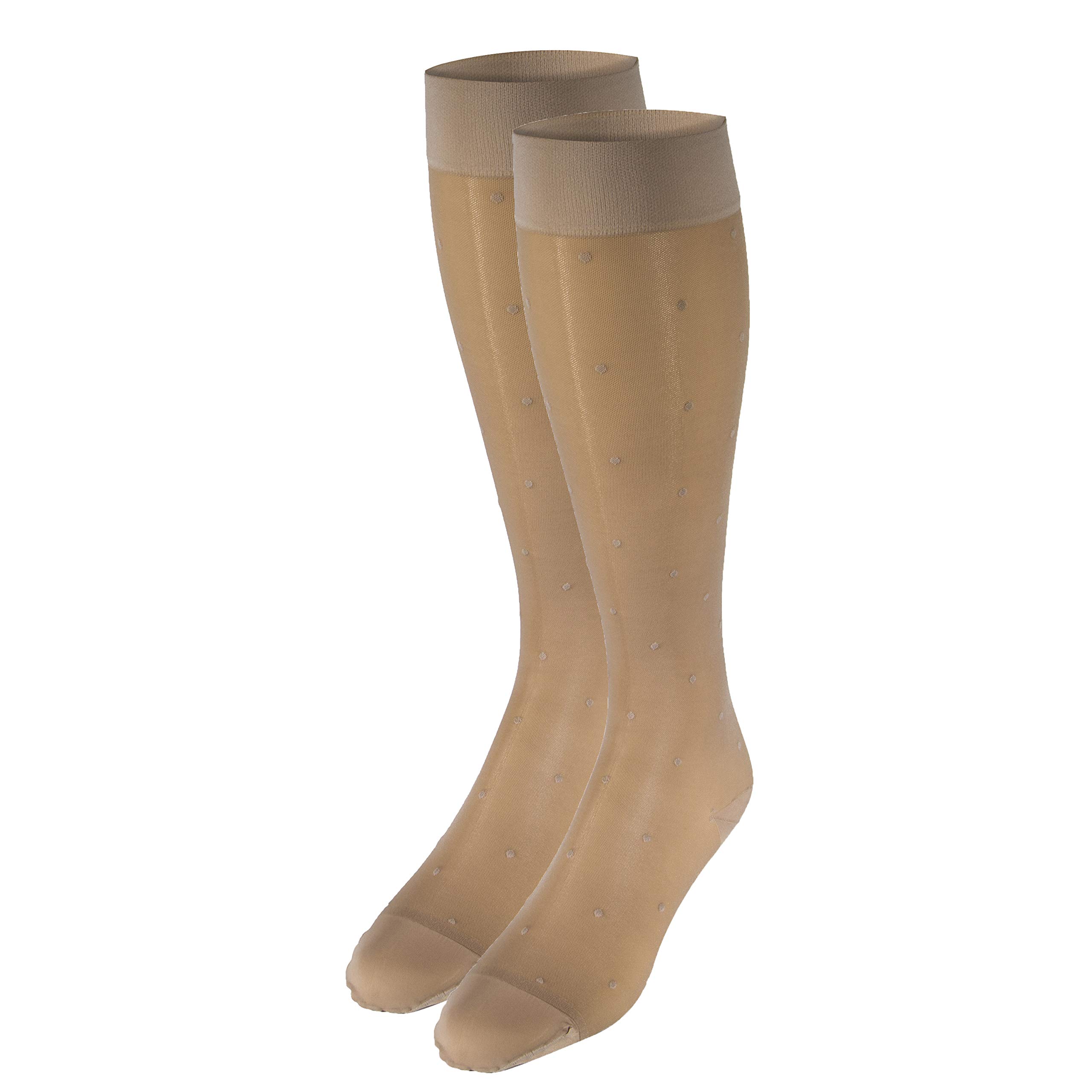 Truform Sheer Compression Stockings 15-20 mmHg - Women's Knee High Support Socks with Dot Pattern in Nude (Large) - Perfect for Travel, Work & Varicose Vein Relief