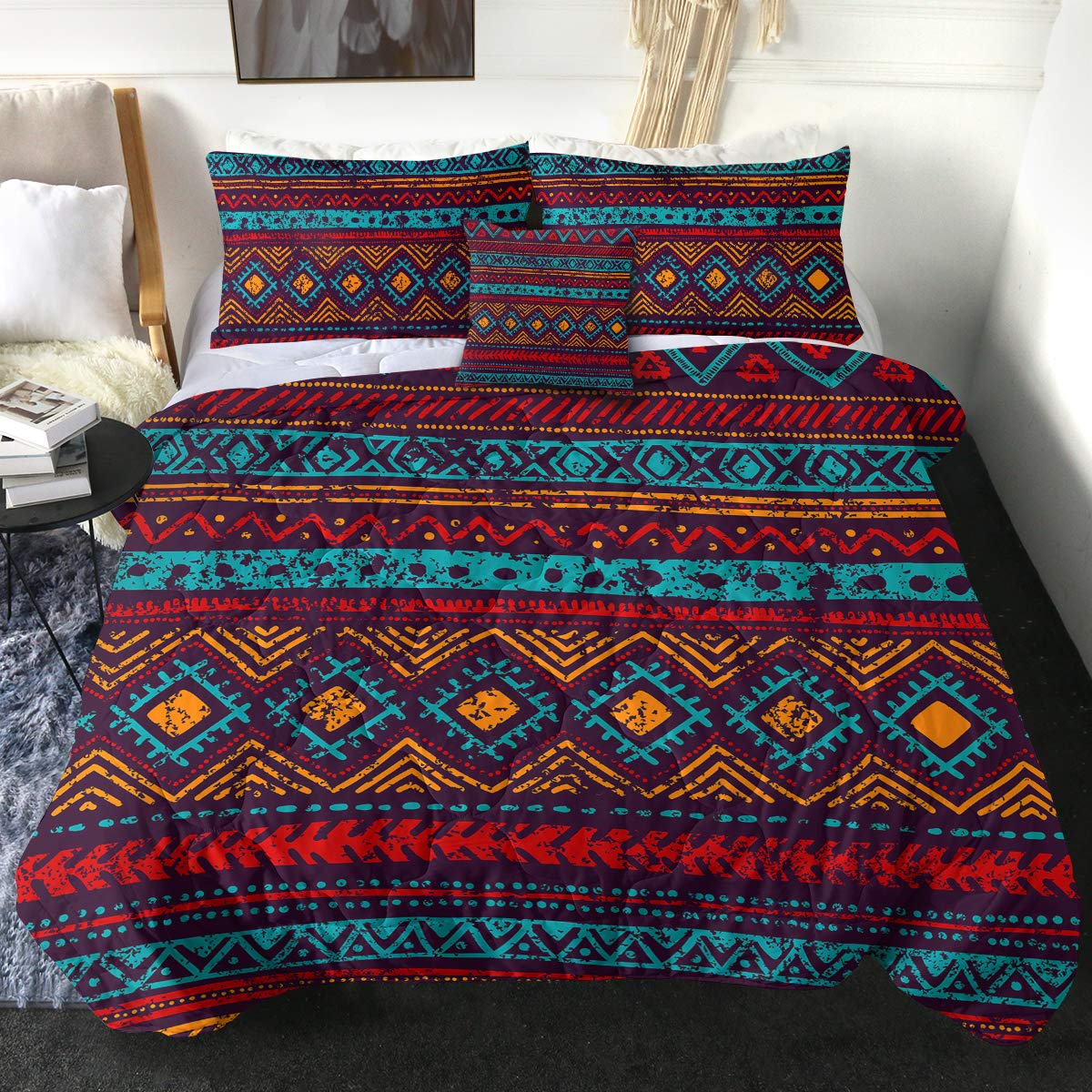 Sleepwish 3D Mosaic Printed Reversible Comforter Set - Full Size Tribal Ethnic Bedding Collection (4-Piece Set with 2 Pillow Shams & 1 Cushion Cover) for Bohemian Bedroom Decor & Guest Room Styling