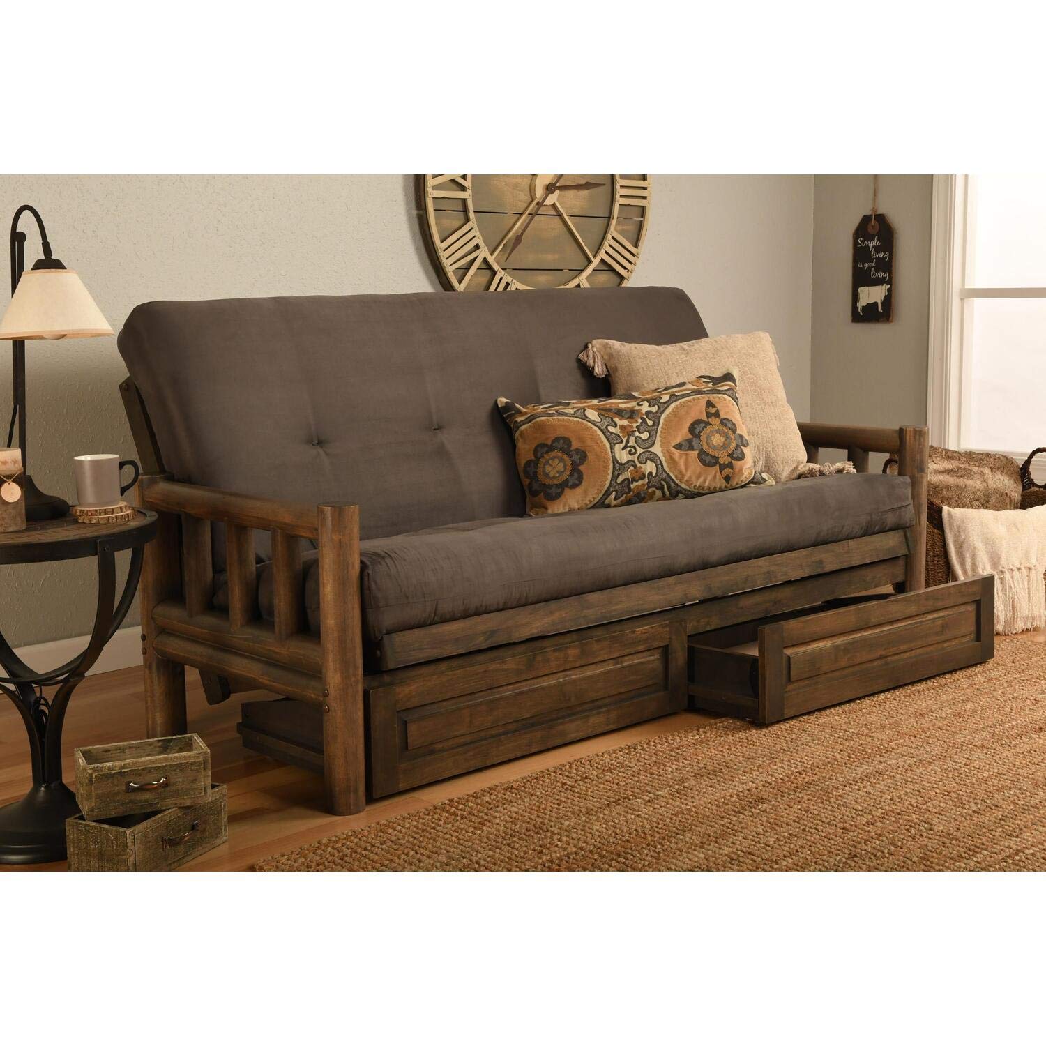 Kodiak Furniture Lodge Frame - Rustic Walnut Finish with Gray Suede Mattress & Storage Drawers - Perfect for Rustic Bedroom, Cabin, or Lodge Decor