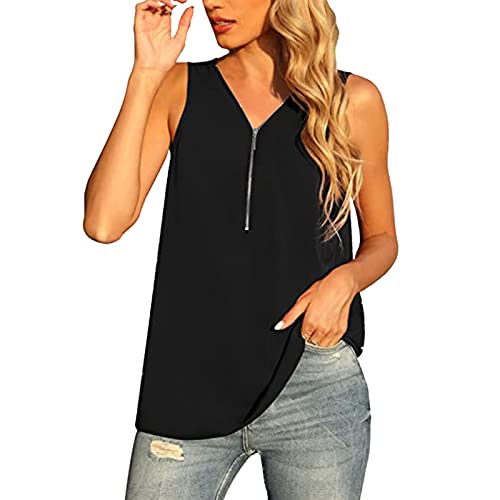 Women's Casual Summer Sleeveless Zipper Tank Top - Solid Color Maternity Tunic Shirt (5-Black, XXL) for Pregnancy Comfort & Everyday Wear