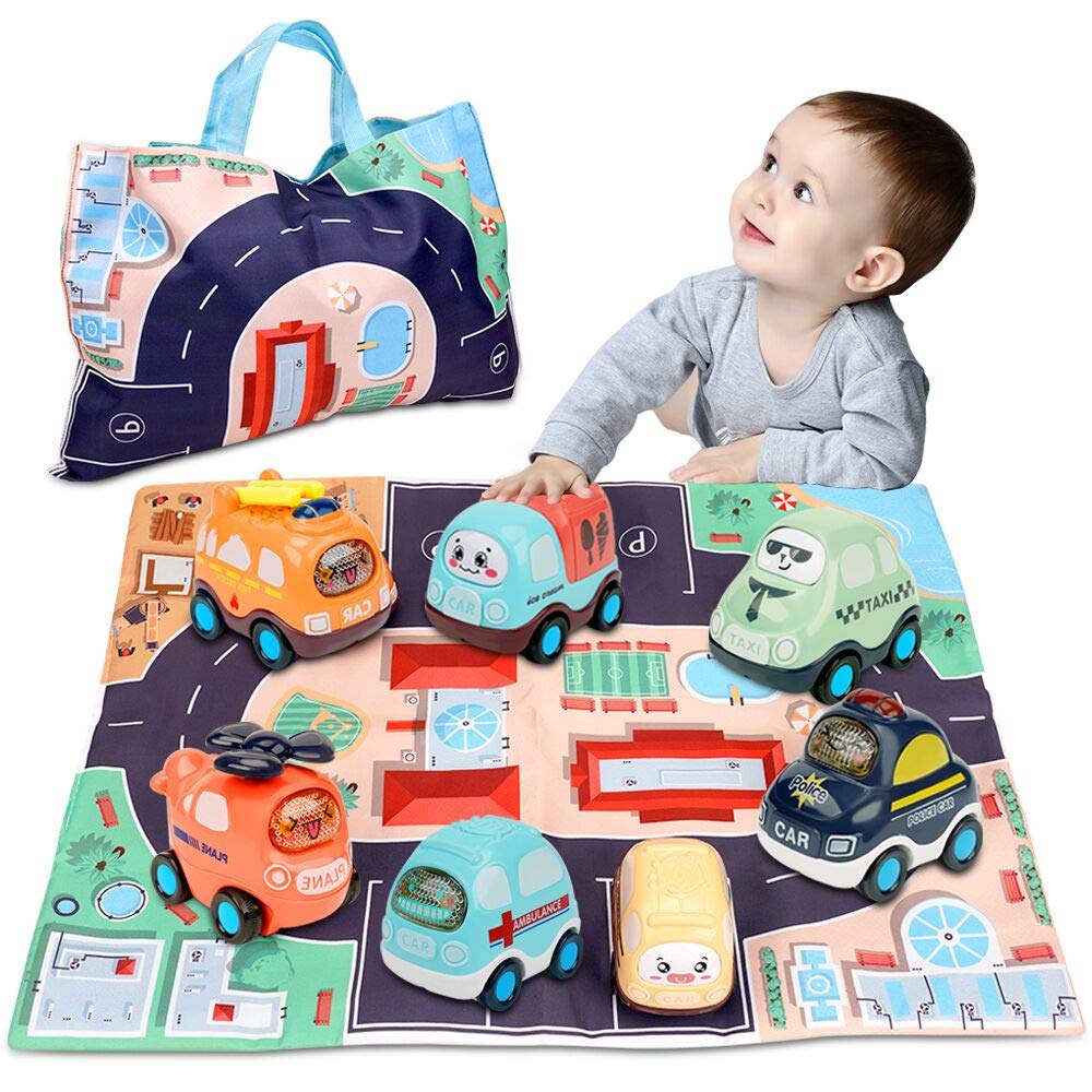 7-Piece Push and Go Cars Toy Set with Play Mat & Storage Bag - Early Educational Baby Toy for 1 2 3 Year Old Boys & Girls | Perfect Toddler Birthday Gift for Indoor Play, Learning & Development