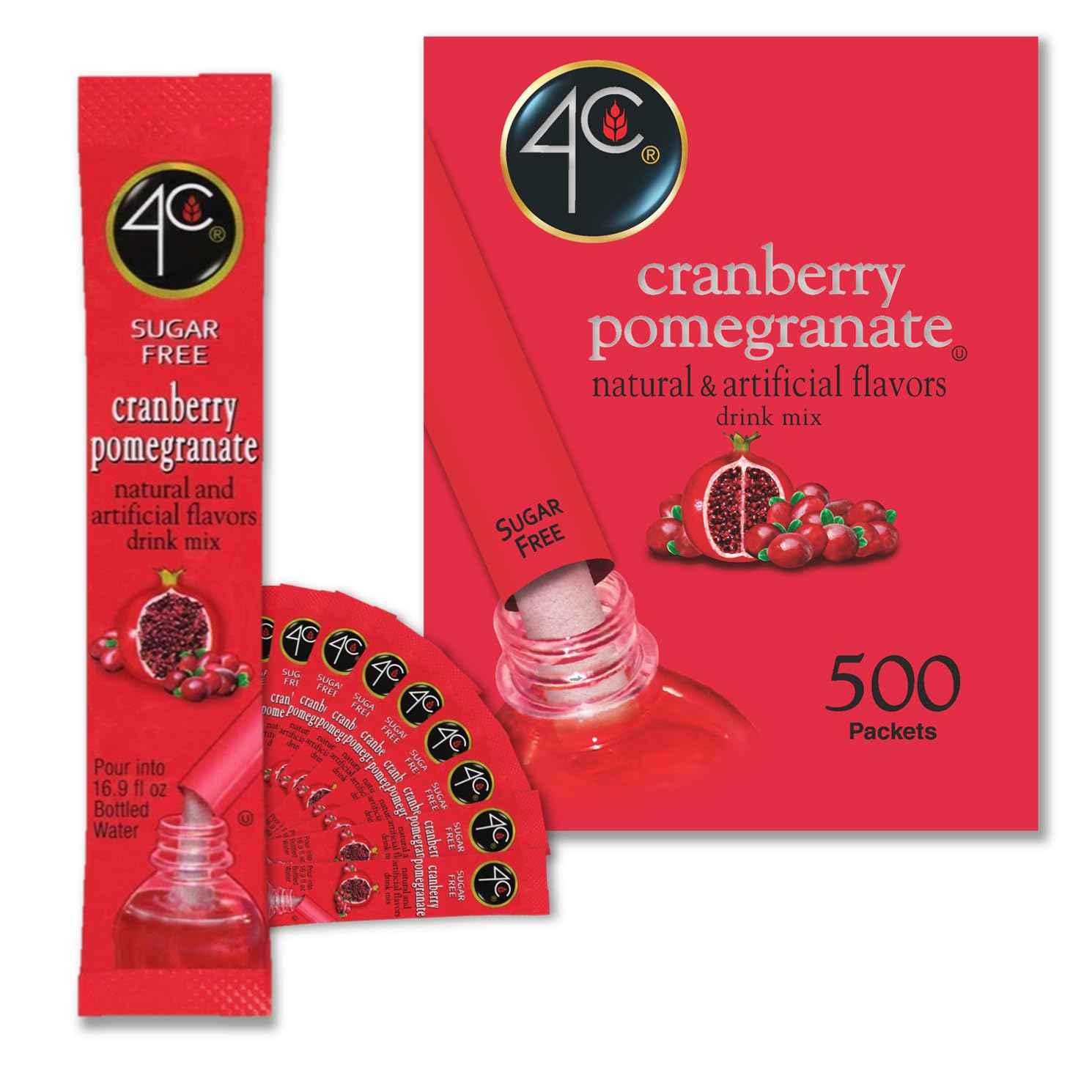 4C Powder Drink Stix, Cranberry Pomegranate Flavor - 500 Count Bulk Pack | Sugar-Free Water Enhancer for Hydration | Perfect for Gym, Office, Travel & Outdoor Activities