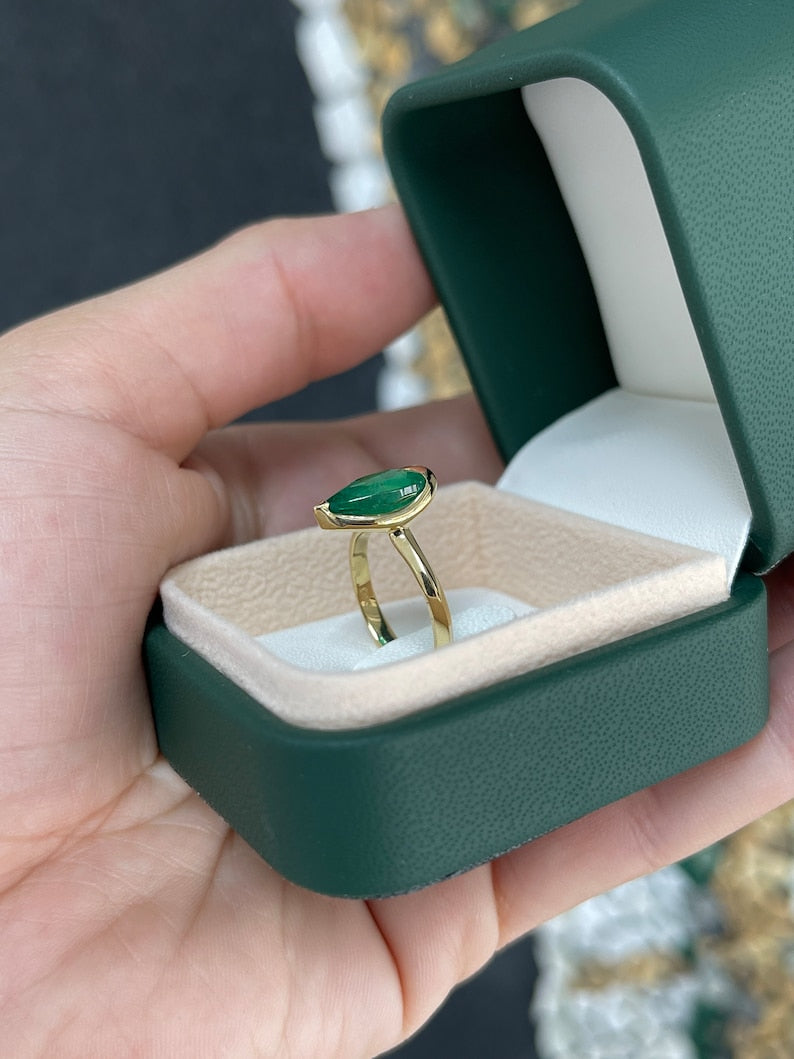 3.10ct 18K Gold Emerald Pear Cut Solitaire Ring - Rich Dark Green Gemstone for Engagement, Wedding & Special Occasions
