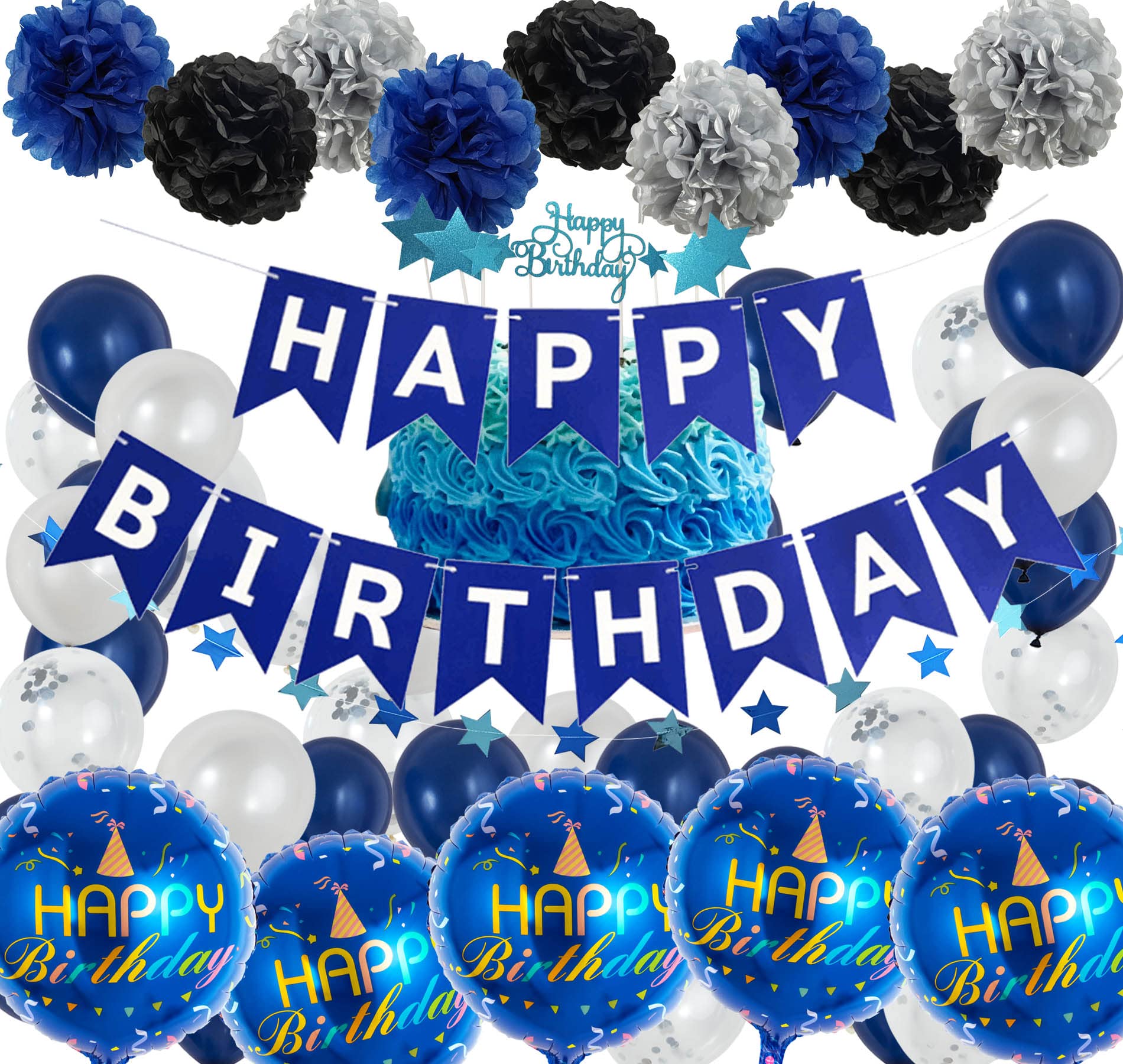 Blue Happy Birthday Party Decorations Set for Men & Women - Birthday Banner, Balloons, Cake Toppers, Pom Poms & Star Garland | Perfect for Birthday Parties, Baby Showers & Anniversary Celebrations