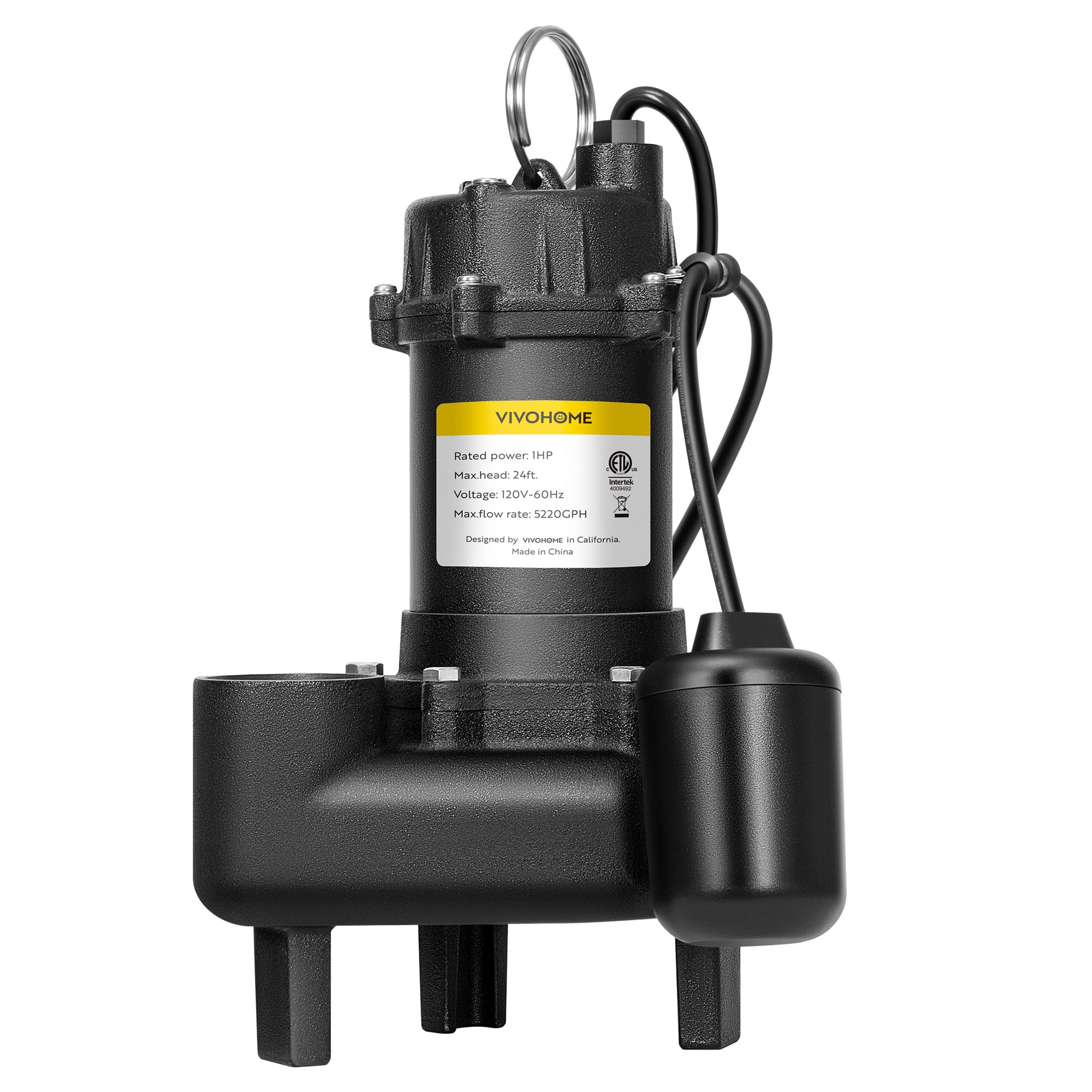 VIVOHOME 1 HP Submersible Cast Iron Sewage Pump | 5220 GPH High Flow Sump Pump with Float Switch & 2'' NPT Discharge | for Basement Flooding, Septic Tank, Effluent Drainage, Pond Water Removal