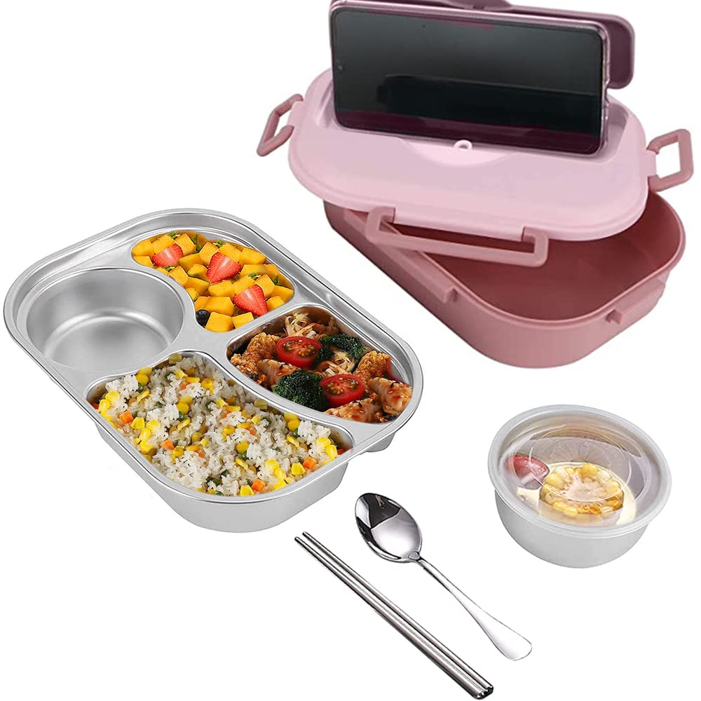 Stainless Steel Lunch Box 4 Compartments - Leakproof Bento Box for Kids, Students & Adults | 50oz Large Capacity Food Storage Container with Airtight Lid | Perfect for School, Office & Picnic (Pink)